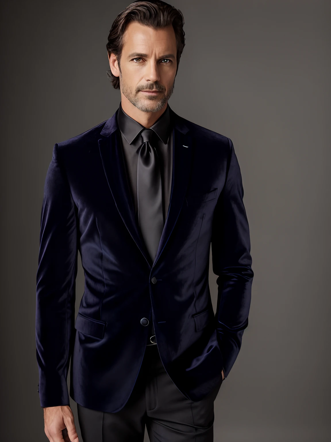 Portrait photo of a handsom man, 40 ans,cheveux courts bruns, Costume de velours noir, chemise noire, (((sans barbe et sans cravate))) , Dark blue backgroud