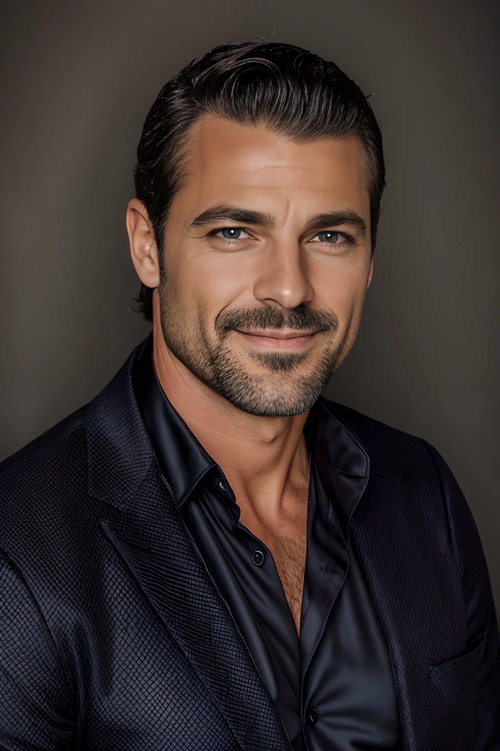 Portrait photo of a handsom man, 40 ans,cheveux courts bruns, Costume de velours noir, chemise noire, sans barbe et sans cravate , Dark blue backgroud