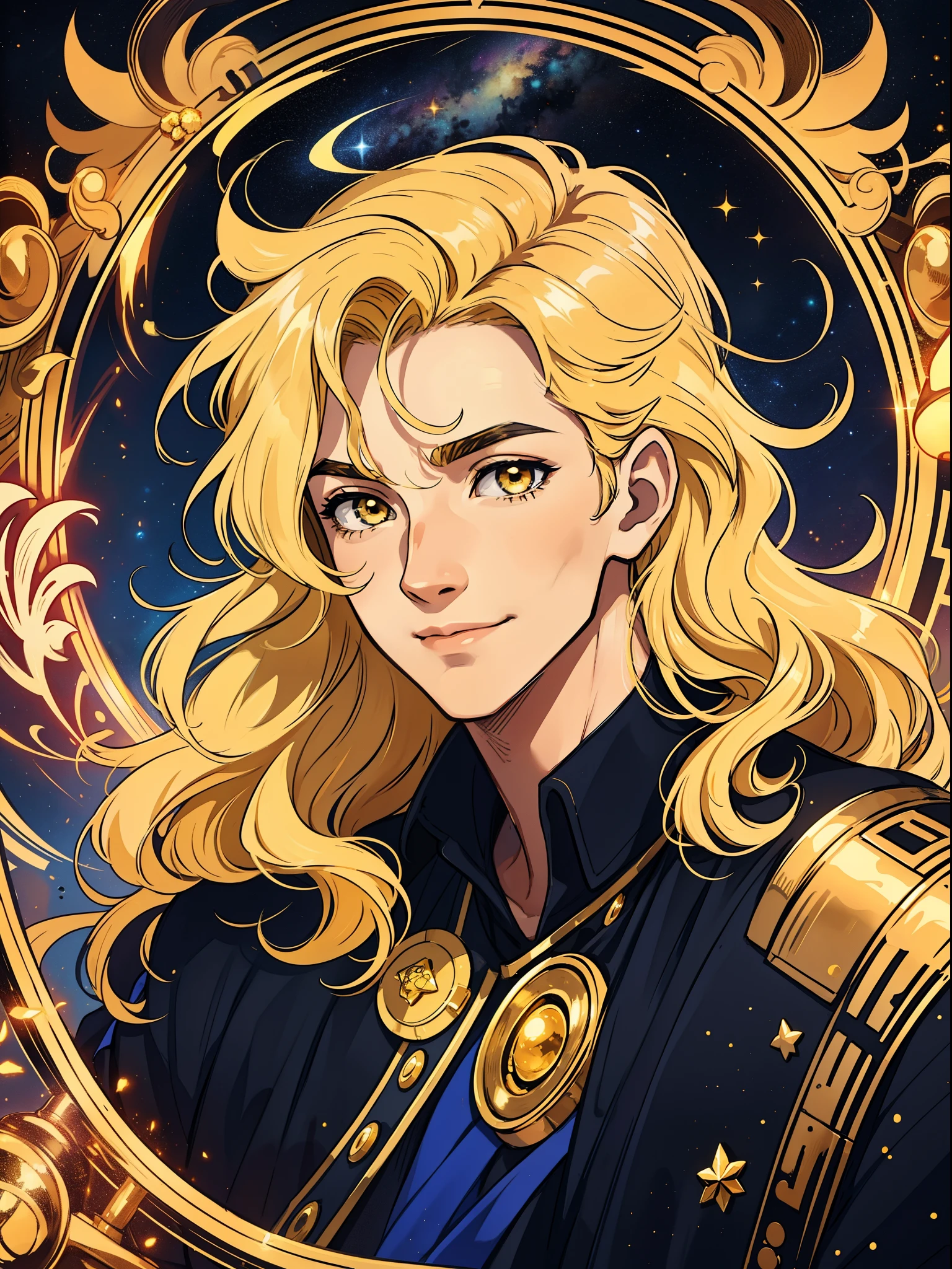 Create a man with unique characteristics, inspired by the sign of Leo and the cosmological stars An artistic representation of the essence of this sign, with striking features and a mysterious aura, leave in evidence golden traces of gold and golden lights, yellowish hair like gold and a confident smile Make clear the pride of the sign of Leo in its essence with a long curly and voluminous hair as a representation of the mane