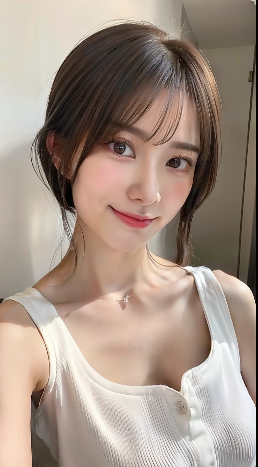 ((top-quality、8K、​masterpiece:1.3))、1girl in、Slim Abs Beauty:1.3、(Hairstyles Brown Hair Shortcuts、Colossal tits:1.2)、doress:1.1、Super fine face、Delicat eyes、二重まぶた、A smile、Home、Raw photo、Tank Tops、tits out、Sharp Eyebrows、japanes、cleavage of the breast、Slender beauty、Colossal tits