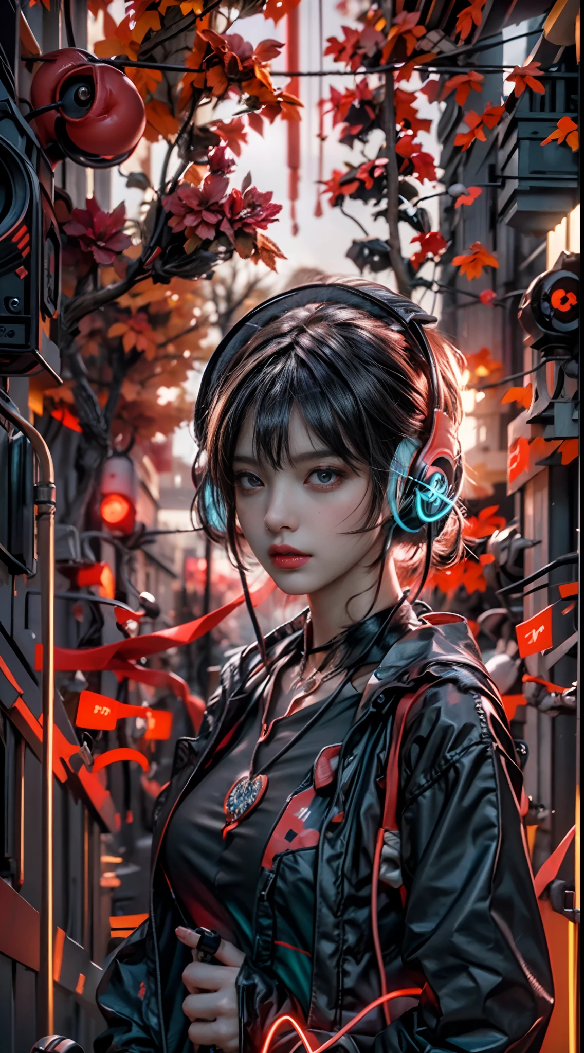 Best quality, masterpiece, high detail, contrast between light and dark, 8k, abstract art, (red and black themes: 1.1), flowers, dark background flowing, 1 girl,(((Earphones))), (((pendants))), (((necklaces)))
Fractal,1girl,Cyberpunk,Rebellious girl,90s