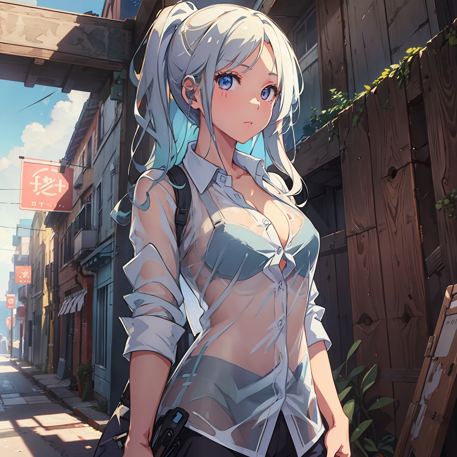 ((((ultra illustrated style:1.0)))),best quality,best animated,masterpiece,ray tracing, global illumination,see-through unbottoned shirt,1girl, solo, standing, medium shot, looking at viewer, outdoors,