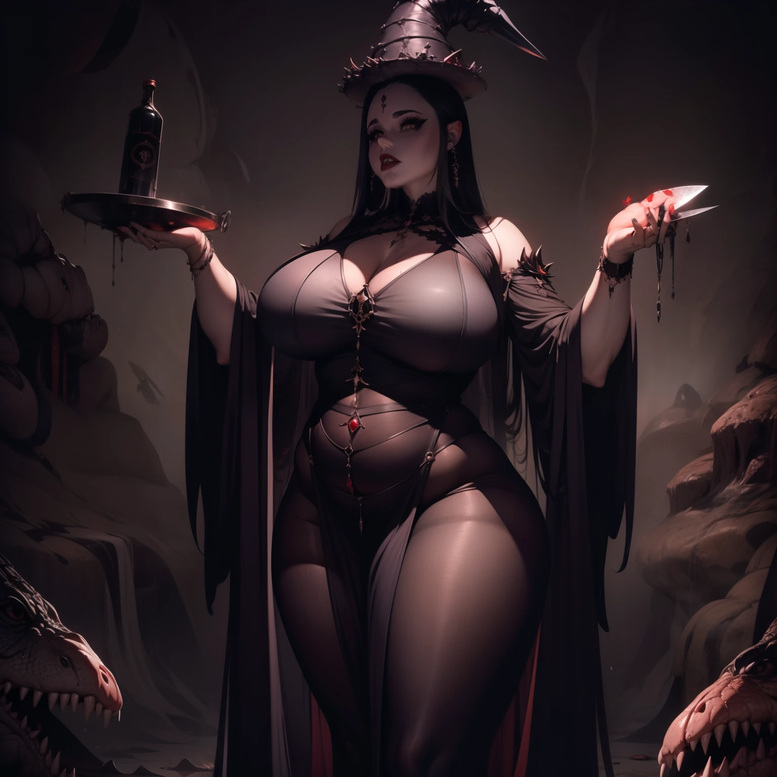 Witch but her head is that of an alligator, She is a fat woman in a dark and gloomy cave, unhas grandes, dentes afiados, She holds a knife in her right hand and a bottle of potion in her left hand