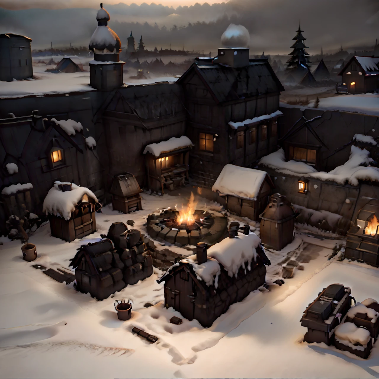 Snowy night scene of a small town with a fire pit, Village ， Unreal engine, stylized 3d render, rendered in Unreal Engine, Rendering in UnrealEngine, Rendering on the Unreal engine, Rendering on the Unreal engine Engine 4 K HQ, Рендеринг в Unreal Engine 4K HQ, realistic 3 d style, 3 d render stylized, Рендеринг в 8k Unreal Engine