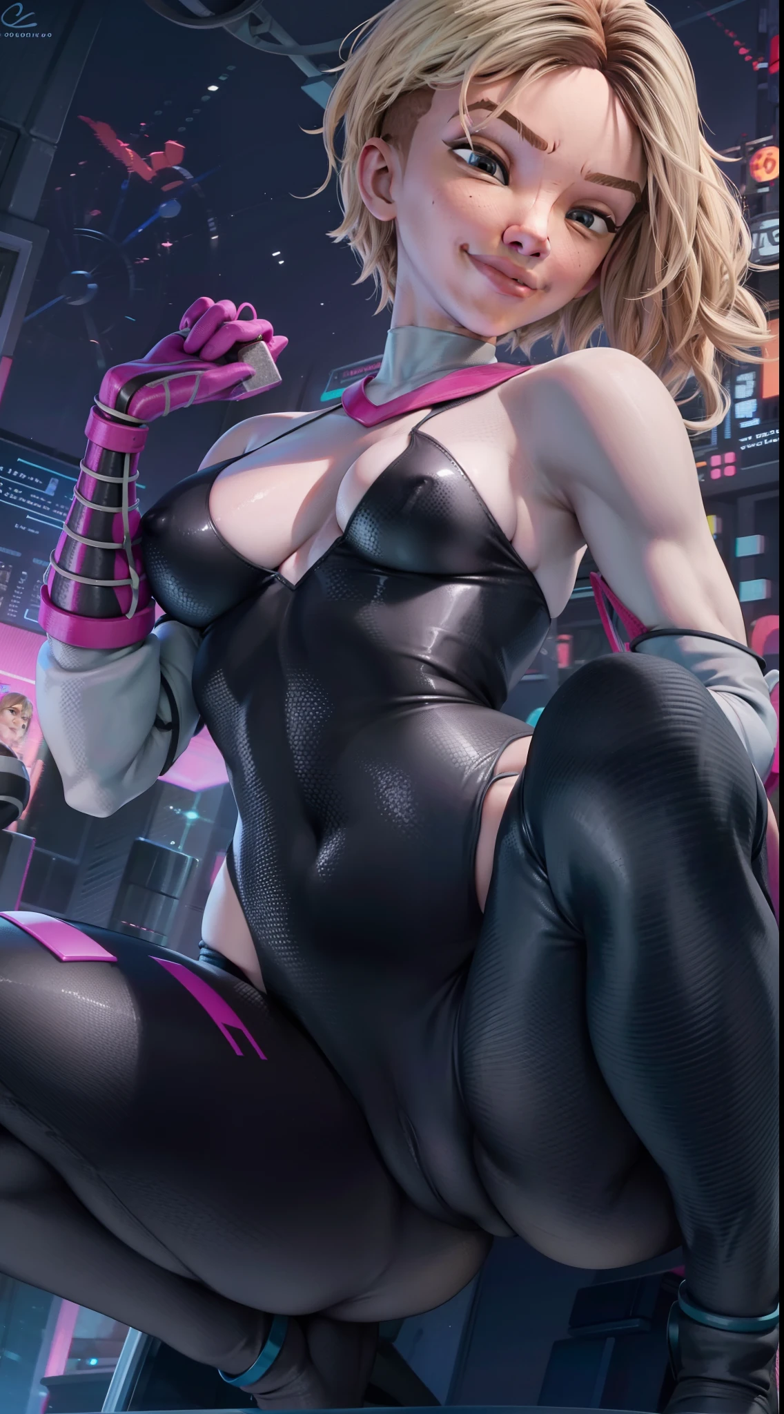 Gwen,rosto delicado, sorrindo olhando para o telespectador peitos firmes grandes cintura fina quadris largos coxas grossas bunda grande curvas thincc