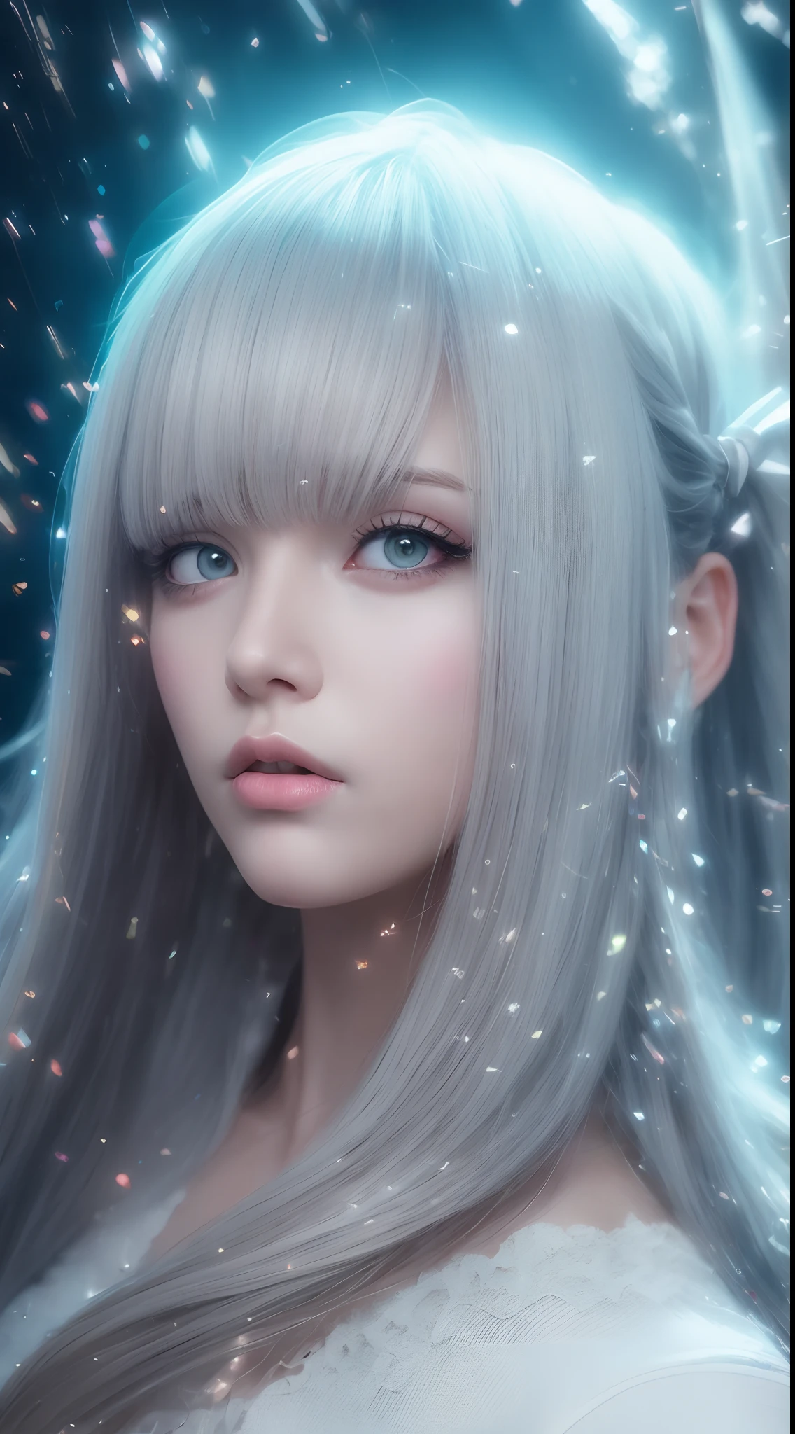 Gradient hair, Asymmetrical hair, Floating hair, low-tied long hair, bow hair band, Dilated pupils, Upturned eyes, long eyelasher, Sleepy, Silver hair, surrealism, Cinematic lighting, reflective light, partial underwater shot, hyper HD, Textured skin, A high resolution, 1080p, A high resolution, 16k