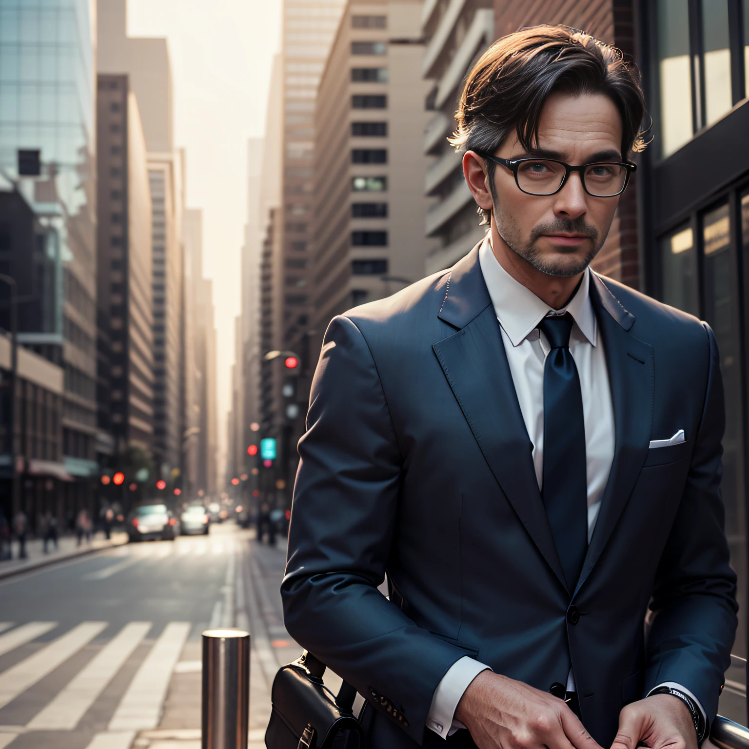 Image of a rich man in his 40s, wearing glasses, in a suit, city background