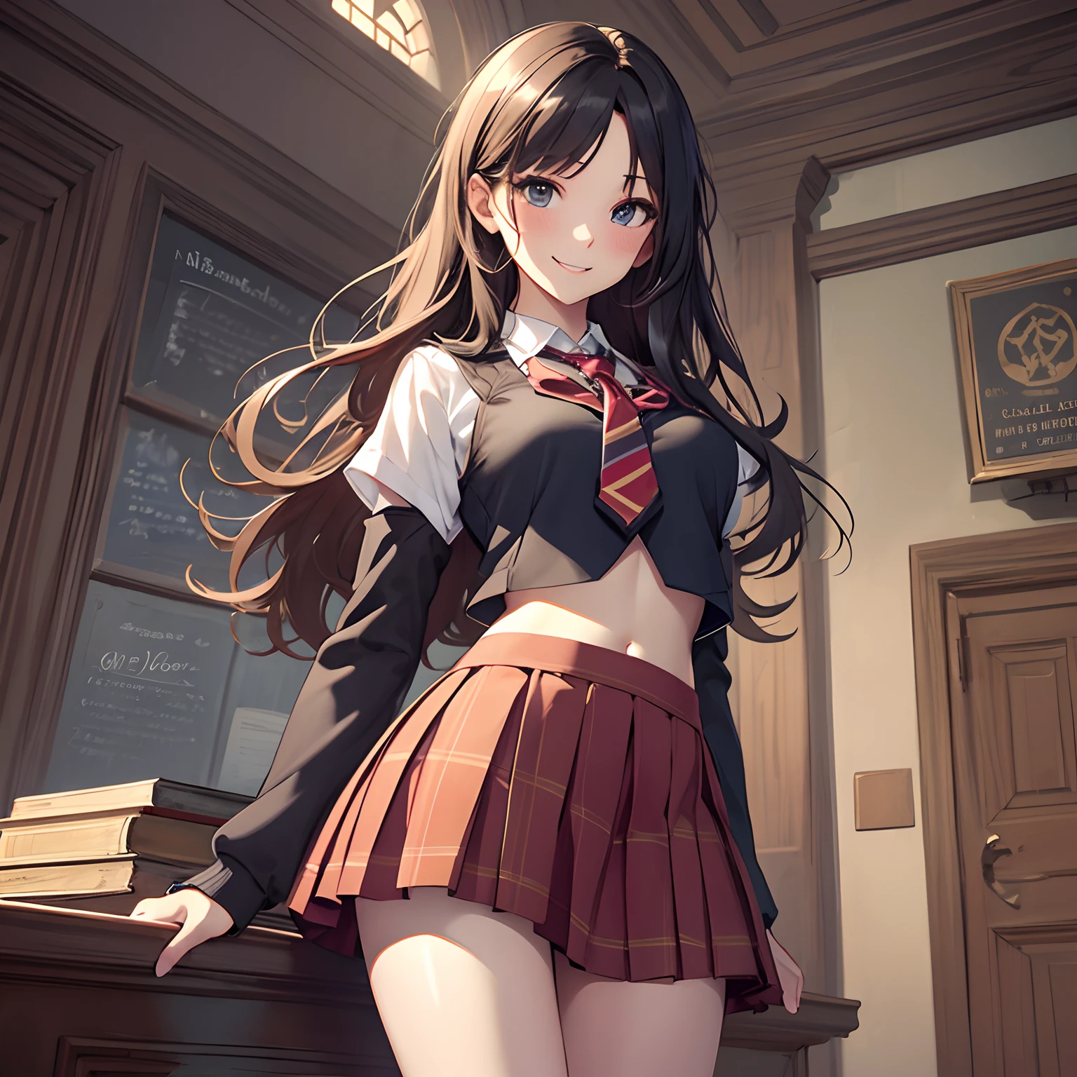 inside Hogwarts, adult, hogwarts school uniform, crop top, sexy, 18 years old, medium chest, cowboy shot, (long hair), smile, short skirt, school skirt