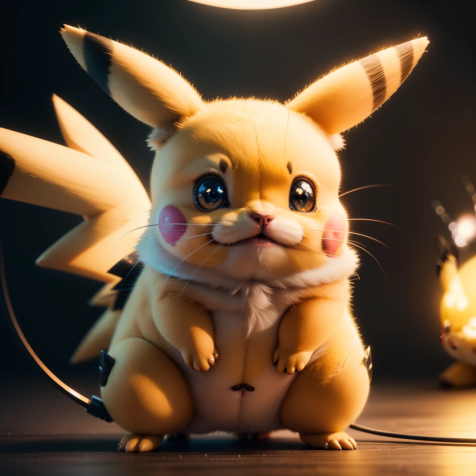 A cute realistic Pikachu, Electric atmosphere, 8k resolution, hyperdetailed, volumeric lighting, intricate high detail, composition parfaite, beau, hyperrealism, fantaisie, mignon, herbe, pokemon, photorealism