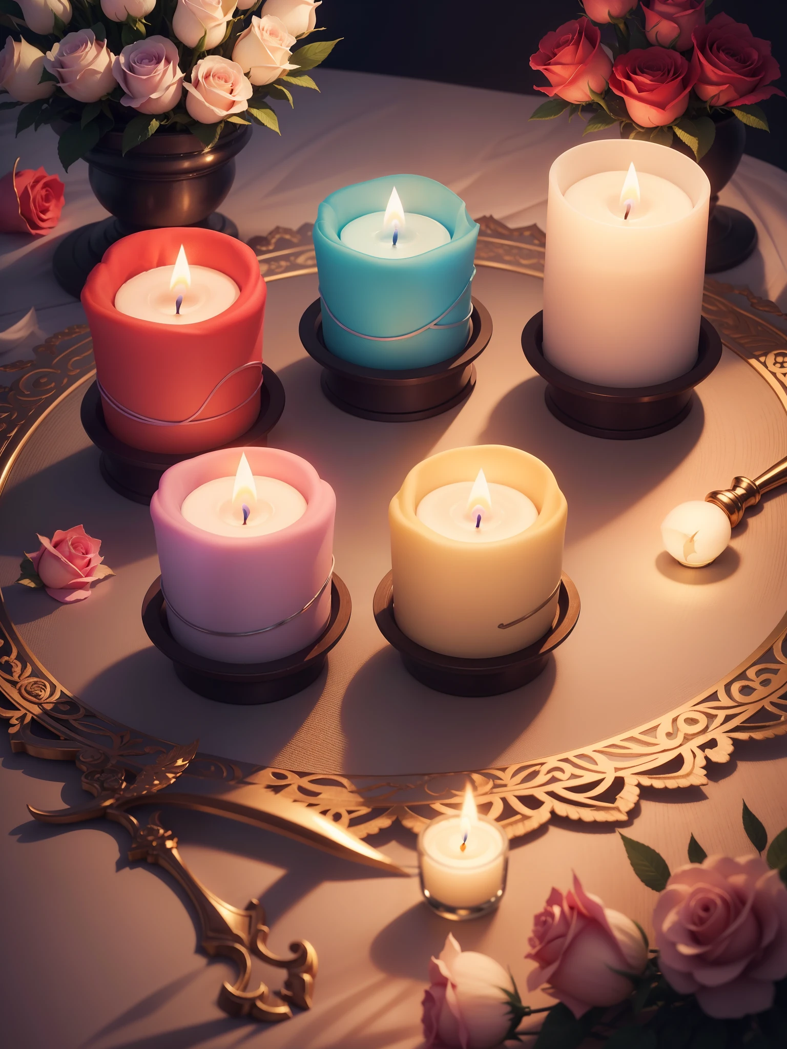 Aromatic candle in the shape of roses, velas de rosas com brilho, velas de rosas acesas com aromas, smoke flying leaves, Folhas de velas, smoke from candles with flying branches, velas de rosas coloridas, video with animation of candles with colorful flying smoke, Foto realista, super realísta, Realismo tridimensional, velas rosas 3D com luzes, Rosas iluminadas, rosas com brilhos, rosas cintilantes, romantic and magical atmosphere, super realista, Realismo natural, Hiper realista, 100% realista, 8k. Velas iluminadas, rosas brilhantes acesas, colorful magical fumes, velas de rosas acesas, velas de rosas com brilhos, velas de rosas coloridas.