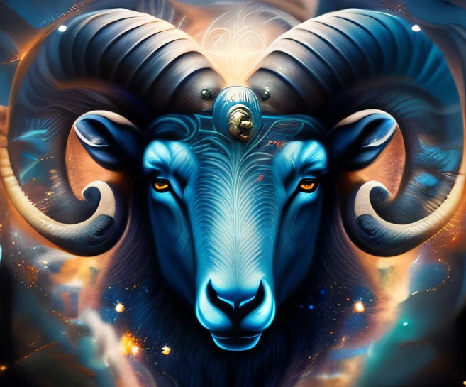 A closeup of a ram with large horns in the sky, aries fiery ram tarot, Deusa Carneiro com chifres, chifres de carneiro, foto de perfil, mystic sheperd, chifres de carneiro, Dreaming of electric sheep, unknown zodiac sign, astral appearance, Beeple e Jeremias Ketner, Zodiac Sign, Constellation of Aries, carneiro de batalha, electric sheep, mastodonte, sheep skull