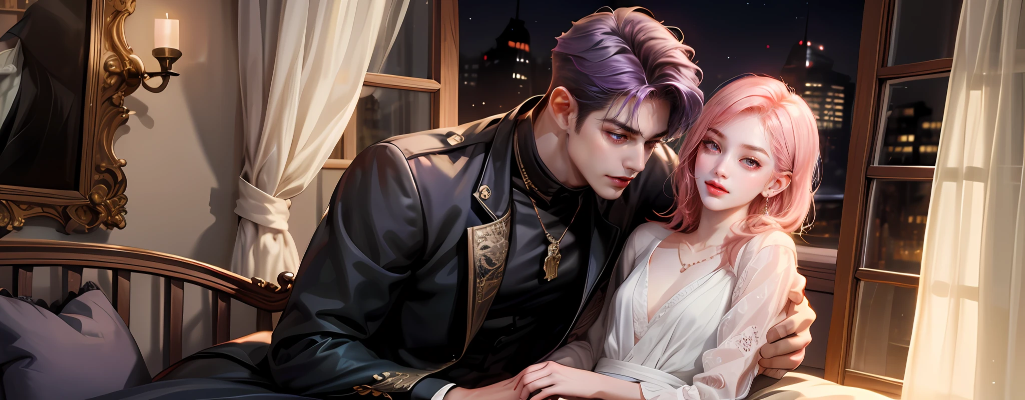 masterpiece, top-quality, 2Others, Male and female couples, 1 man and 1,, Adults, Height difference, different fashion, different color, finely eye and detailed face, intricate detailes, Casual clothing, Oversized shirt, Modern urban streets, Hands on back, A smile, Happiness, tenderness, high-level image quality、 beautiful male、tall、hug from behind、Trying to kiss、window、nightfall、nighttime scene、𝓡𝓸𝓶𝓪𝓷𝓽𝓲𝓬、Korean Male, Idol Photos, k pop, Professional Photos, Vampires, Korean fashion in black and white, Fedoman with necklace, inspired by Sim Sa-jeong, androgynous vampire, :9 detailed face: 8, extra detailed face, detailed punk hair, ((asa)) baggy eyes, Seductive. Highly detailed, semi realistic anime, Vampires, hyperrealistic teen, delicate androgynous prince, imvu, short hair above the ears, Man with short hair, Woman with long hair, A man with a glaring expression and a woman with a gentle expression, With a short-haired man with bright purple hair, Woman with pretty long pink hair