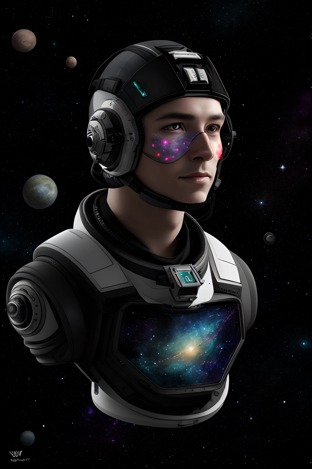 Retrato detalhado e complexo de um Borg sci-fi (astronauta: 1.2) floating in outer space, nebulosa, Bandana and Galaxy (jubbslineart_v2:1.0)