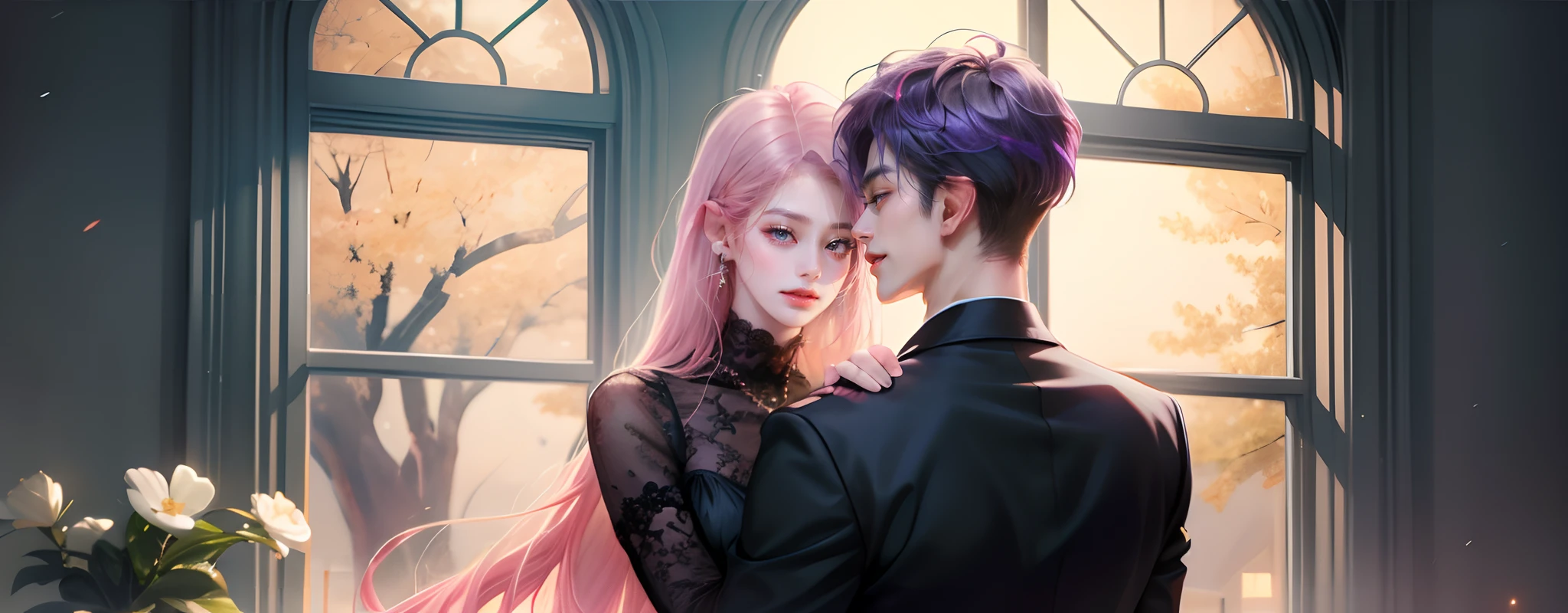 masterpiece, top-quality, 2Others, Male and female couples, 1 man and 1,, Adults, Height difference, different fashion, different color, finely eye and detailed face, intricate detailes, Casual clothing, Oversized shirt, Modern urban streets, Hands on back, A smile, Happiness, tenderness, high-level image quality、 beautiful male、tall、hug from behind、Trying to kiss、window、nightfall、nighttime scene、𝓡𝓸𝓶𝓪𝓷𝓽𝓲𝓬、Korean Male, Idol Photos, k pop, Professional Photos, Vampires, Korean fashion in black and white, Fedoman with necklace, inspired by Sim Sa-jeong, androgynous vampire, :9 detailed face: 8, extra detailed face, detailed punk hair, ((asa)) baggy eyes, Seductive. Highly detailed, semi realistic anime, Vampires, hyperrealistic teen, delicate androgynous prince, imvu, short hair above the ears, Man with short hair, Woman with long hair, A man with a glaring expression and a woman with a gentle expression, With a short-haired man with bright purple hair, Woman with pretty long pink hair