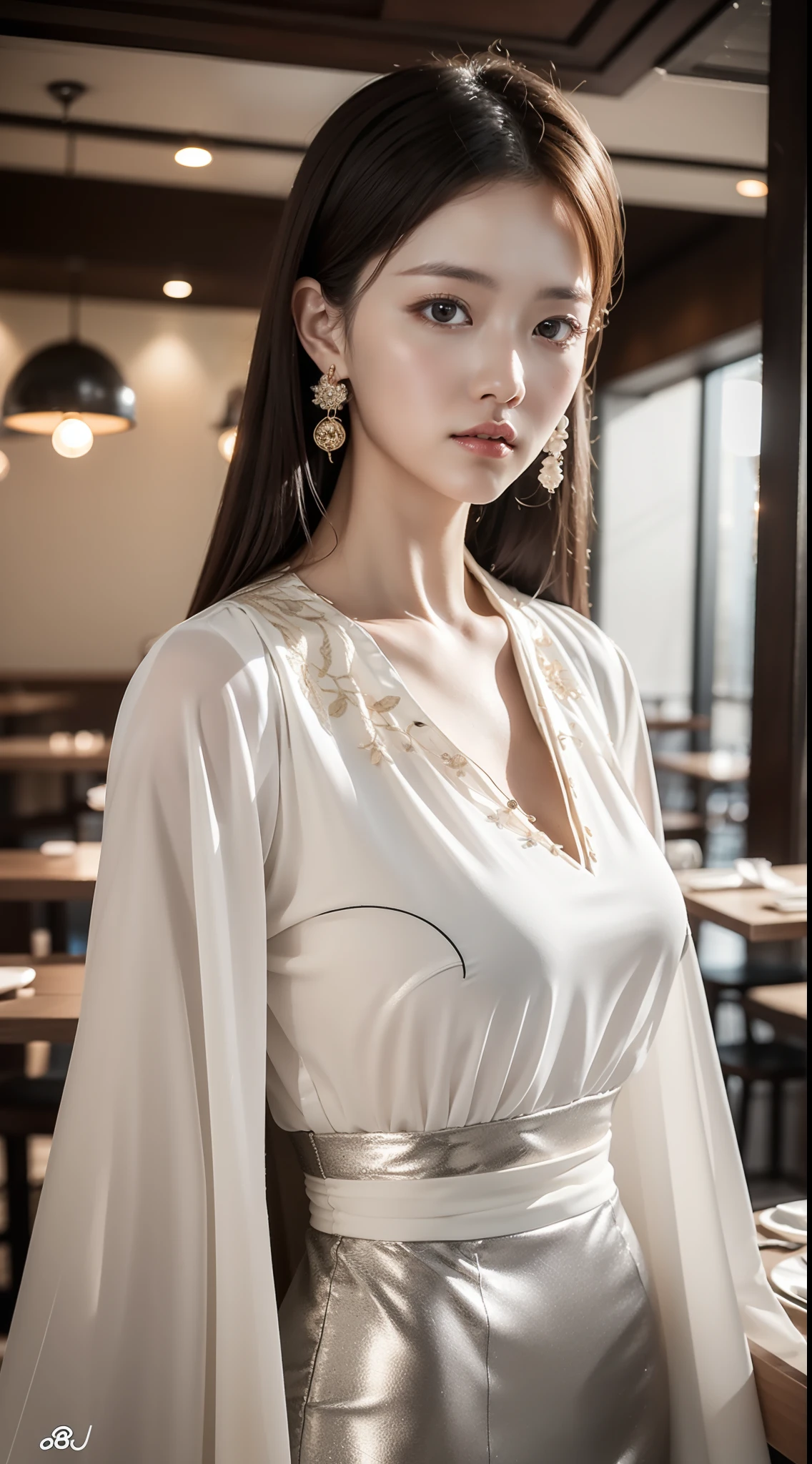 (8k, best quality, masterpiece:1.2), realistic, ultra highres, intricate details,
1girl, jirai fashion, beautiful face, light silver, in a restaurant, standing,