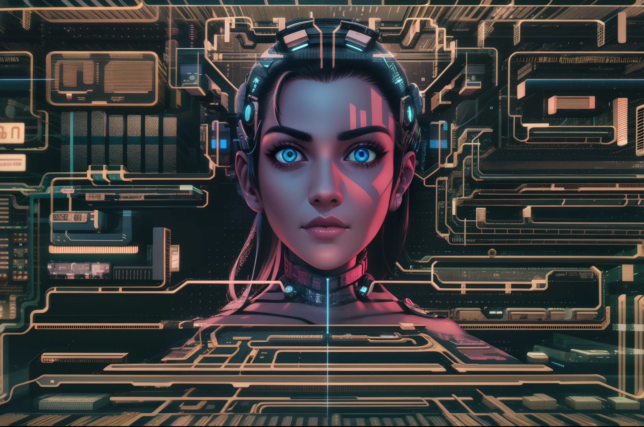 ((Best quality)), ((masterpiece)), (highly detailed:1.3), 3D, beautiful (cyberpunk:1.3) hacker woman with thick voluminous hair operating a computer terminal