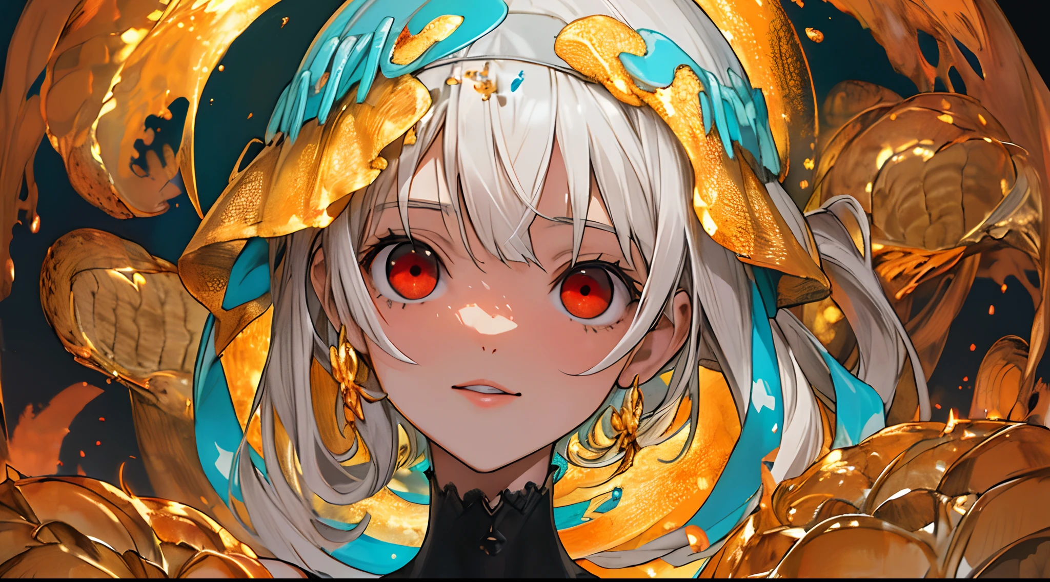 NSFW,obra maestra, mejor calidad, ultra detallado, absurdos, colorido, 1girl, solo, (solid red eyes: 1.0), (cabello blanco, cabello largo, cabello liso, cabello sobre un ojo: 1.0), ojos detallados, ojos muy abiertos, lashes, (parte superior del cuerpo: 0.8), chica monstruo, vista lateral, ojos brillantes, cabeza inclinada, noche, traje negro, orejas puntiagudas, horror, oscuro, fondo negro, mirando al espectador, corona, alto contraste, Contre-Jour, (de pie: 0.8), aura, fondo fractal, caothic, espiral, cuernos de demonio, energy, mosaico, infierno