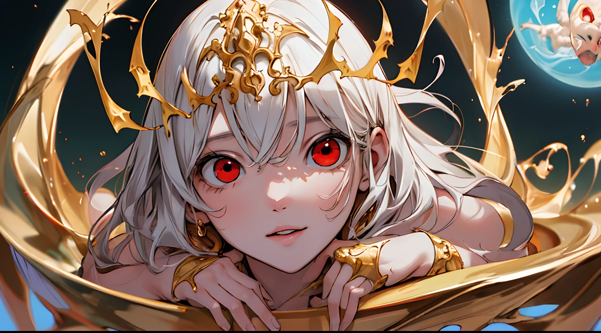 NSFW,obra maestra, mejor calidad, ultra detallado, absurdos, colorido, 1girl, solo, (solid red eyes: 1.0), (cabello blanco, cabello largo, cabello liso, cabello sobre un ojo: 1.0), ojos detallados, ojos muy abiertos, lashes, (parte superior del cuerpo: 0.8), chica monstruo, vista lateral, ojos brillantes, cabeza inclinada, noche, traje negro, orejas puntiagudas, horror, oscuro, fondo negro, mirando al espectador, corona, alto contraste, Contre-Jour, (de pie: 0.8), aura, fondo fractal, caothic, espiral, cuernos de demonio, energy, mosaico, infierno