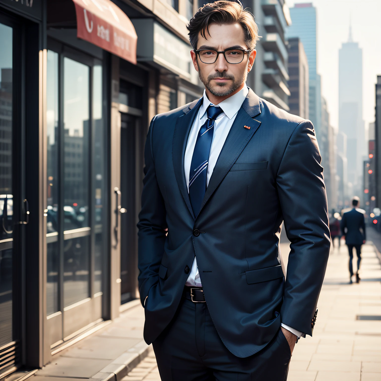 Image of a rich man in his 40s, wearing glasses, in a suit, city background