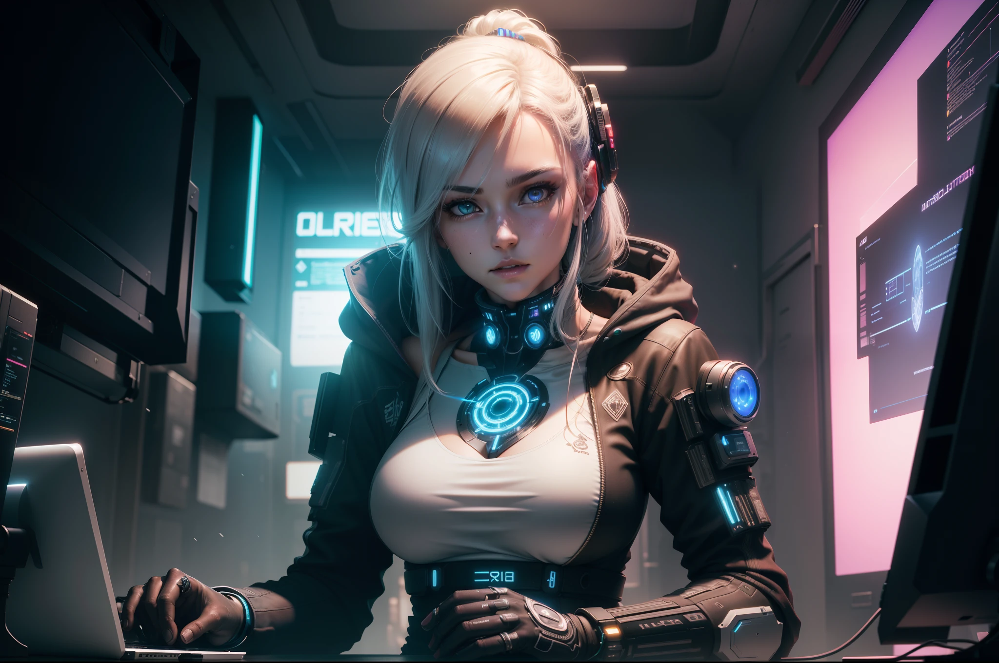 ((Best Quality)), ((Masterpiece)), (Very detailed:1.3), 3D, Beautiful (Cyberpunk:1.3) Female hacker, thick hair, revealing clothes, operating computer terminals, computer servers, LCD screens, fiber optic cables, corporate logos, HDR (High Dynamic Range), ray tracing, NVIDIA RTX, Super Resolution, Unreal 5, Subsurface scattering, PBR textures, Post processing, Anisotropic filtering, Depth of field, Maximum sharpness and sharpness, Multi-layer textures, Albedo and specular mapping, surface shading, accurate simulation of light-material interactions, perfect proportions, octane rendering, duotone lighting, low ISO, white balance, rule of thirds, wide aperture, 8K RAW, high efficiency sub-pixels, subpixel convolution, luminous particles,