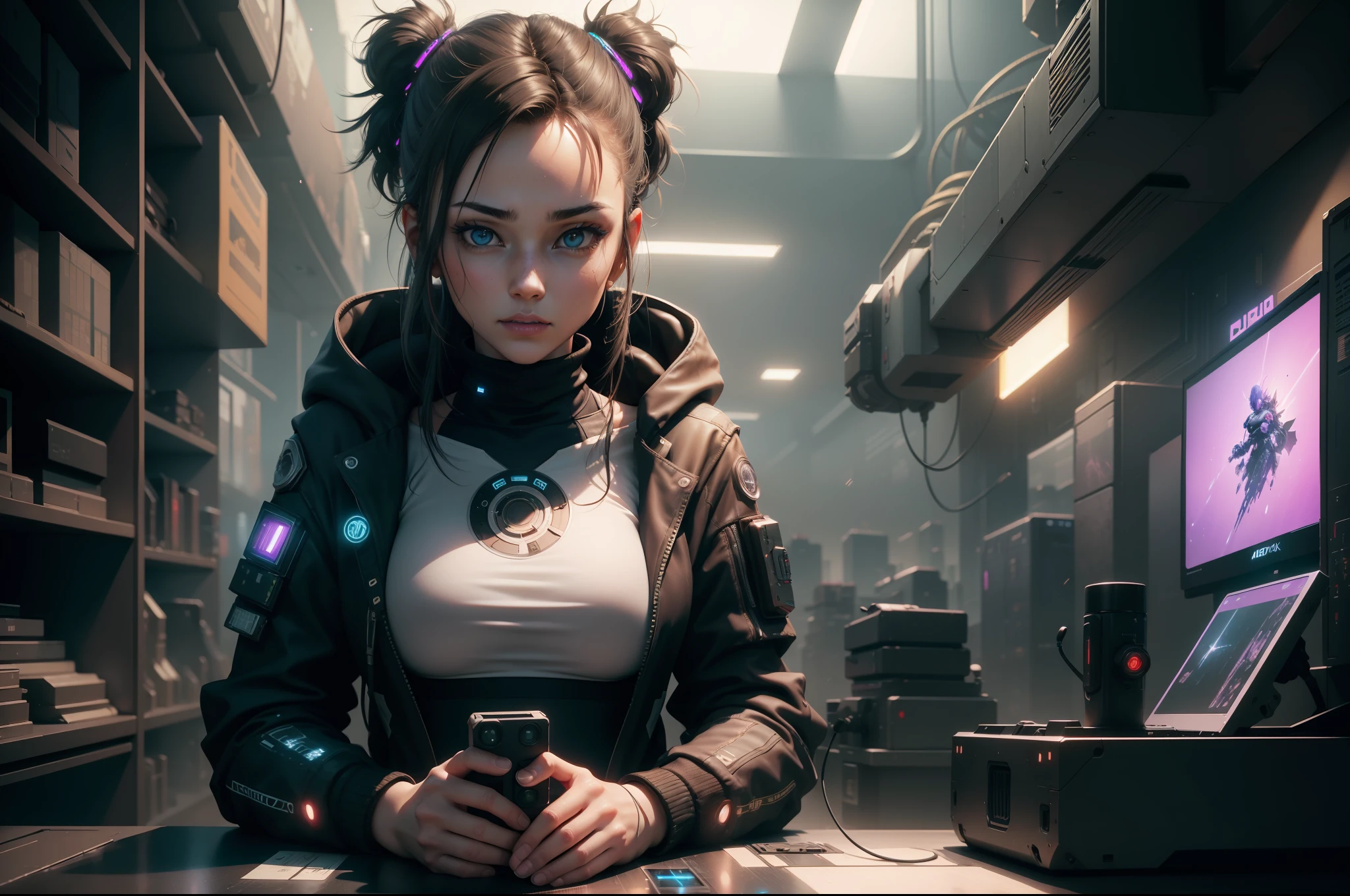 ((Best Quality)), ((Masterpiece)), (Very detailed:1.3), 3D, Beautiful (Cyberpunk:1.3) Female hacker, thick hair, revealing clothes, operating computer terminals, computer servers, LCD screens, fiber optic cables, corporate logos, HDR (High Dynamic Range), ray tracing, NVIDIA RTX, Super Resolution, Unreal 5, Subsurface scattering, PBR textures, Post processing, Anisotropic filtering, Depth of field, Maximum sharpness and sharpness, Multi-layer textures, Albedo and specular mapping, surface shading, accurate simulation of light-material interactions, perfect proportions, octane rendering, duotone lighting, low ISO, white balance, rule of thirds, wide aperture, 8K RAW, high efficiency sub-pixels, subpixel convolution, luminous particles,