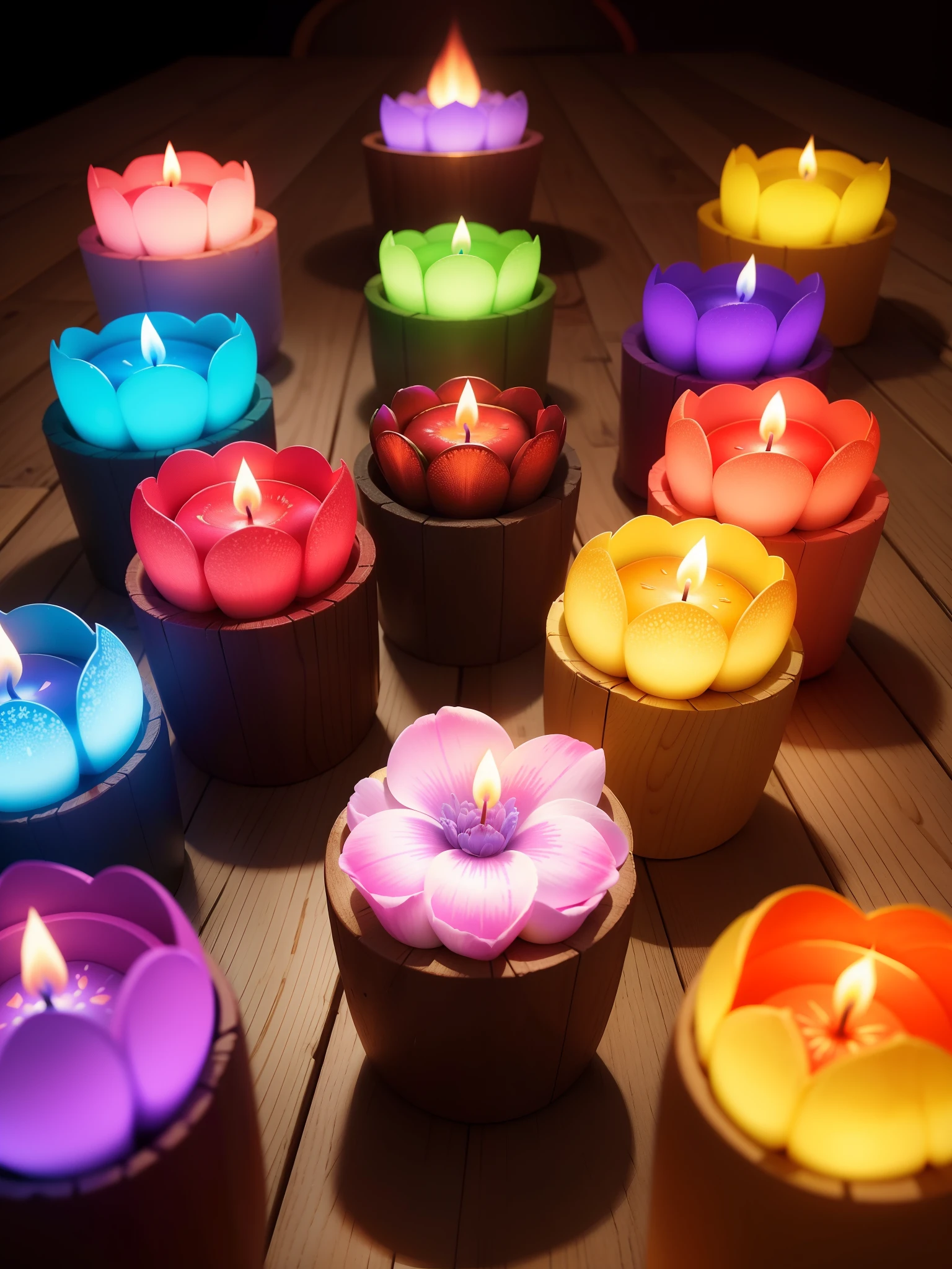 Velas coloridas brilhosas, velas acesas, flores iluminadas, super realistic, hyper realistic, HD.