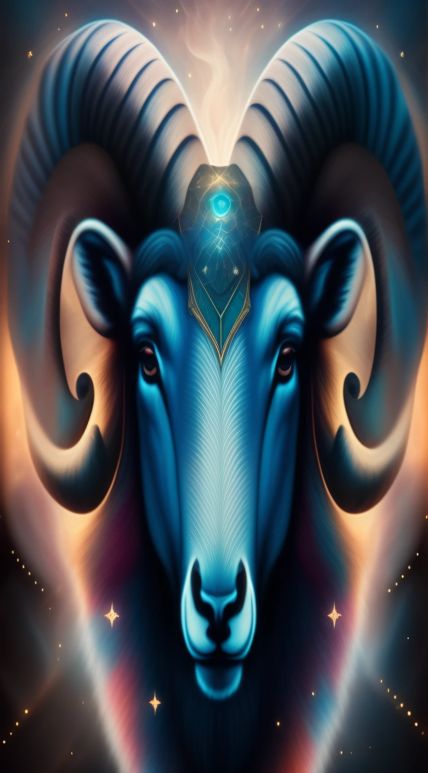 um close up de um carneiro humanoide com uma estrela ao fundo, aries fiery ram tarot, Deusa Carneiro com chifres, Beeple e Jeremias Ketner, Foto do perfil, Directed by: Jason Benjamin, chifres de carneiro, taurus zodiac sign symbol, Dreaming of electric sheep, Constellation of Aries, bison god, chifres de carneiro, Jen Bartel, Zodiac Sign, mystic sheperd, visionary art, cinematografico, 8k