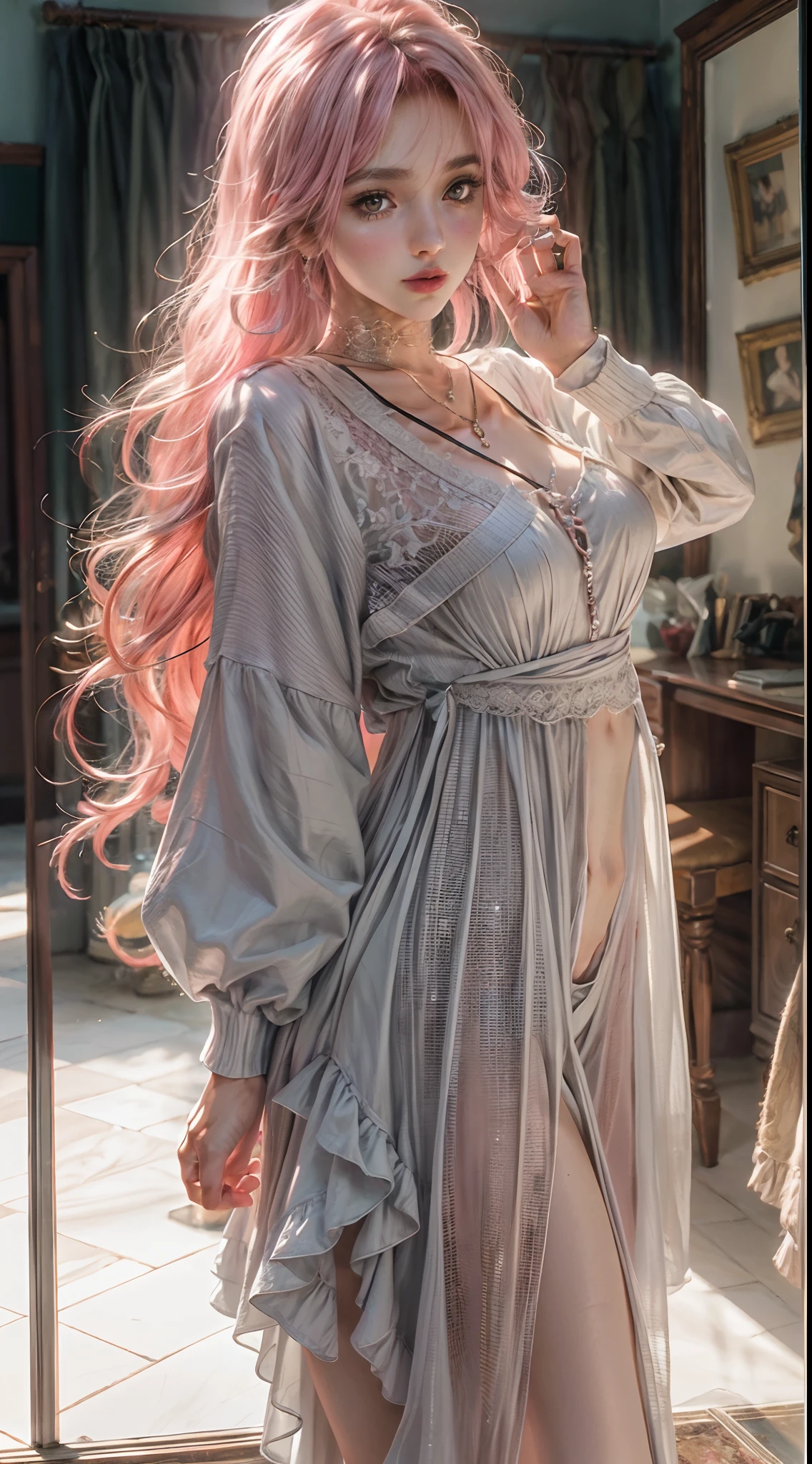 the night, Colorful clean and tidy room, A girl, Medium to long pink hair, Natural volume sagging, Lipstick in hand, Dress sexy and stylish, Make up in front of the mirror, high detail, Carl Larsson, ray tracing, reflection light, cinematic lighting, chiaroscuro, projected inset, wide shot, panorama, UHD, masterpiece, masterpiece, ccurate, anatomically correct, textured skin, super detail, high details, high quality, best quality, 8k