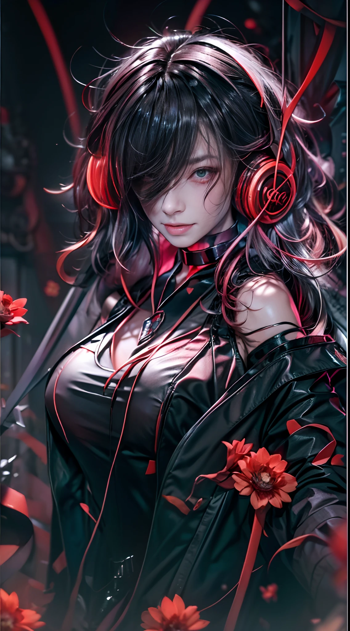 Best quality, Masterpiece, High detail, lightand shade contrast, 8K, Abstract art, (Red and black theme: 1.1), Flowers, Dark background stream, 1 girl,(((Earphone))), (((Pendants))), (((choker necklace)))
fractalized,1girll,Cyberpunk,Rebellious girl,90's