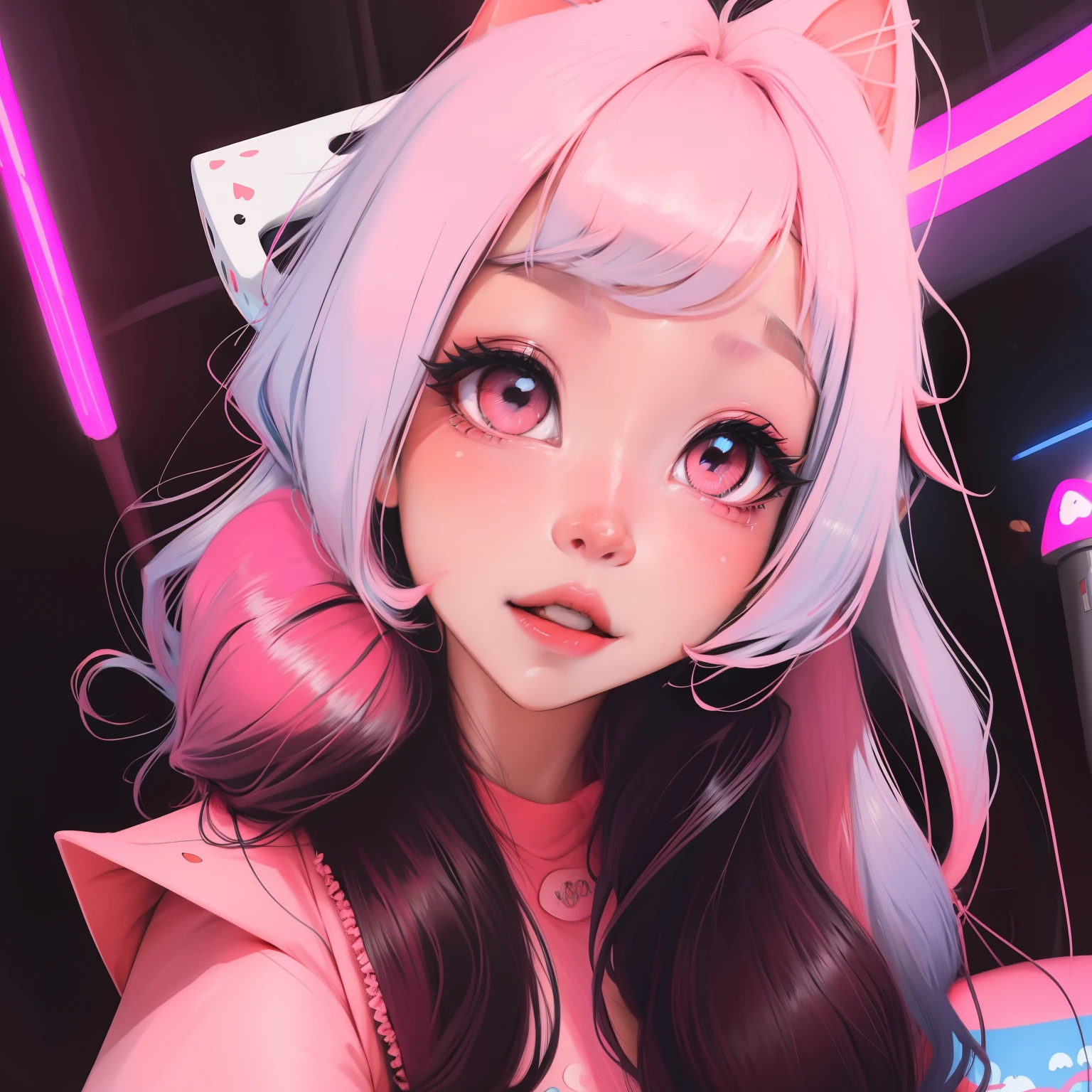 ****** bonito estilo anime, Olhos cor-de-rosa brilhantes, chiclete na boca, rosa neon vibrante, orelhas de gato no cabelo e pontas cor-de-rosa, Hearts in neon detail. Incrivelmente bonito e bonito estilo de desenho animado digital.