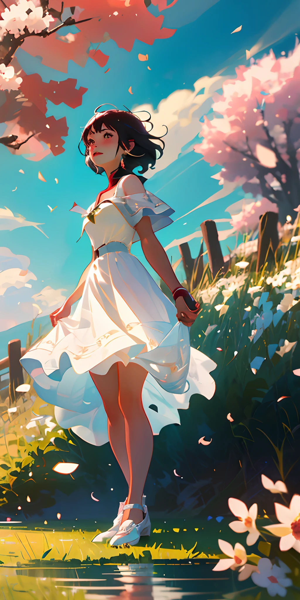 （Higher image quality），（tmasterpiece），（Detailed description of the eyes），（A detailed description of the face），1menina_megumin_konosuba，Red eyes，White hair，（short detailed hair），long whitr hair（Float in the wind），hair adornments，white dresses，little breast，Beth，white legwear，，There are arms and hands behind the back，Blushlush，Fluttering grass，（springtime，SakuraNS），petals，（Lens reflections），altocumulus，Dazzling light， Cool breeze，[the cherry trees]'s（shadowing），grassy fields，（The grass is growing，Birds are flying），（lake，surface reflection）