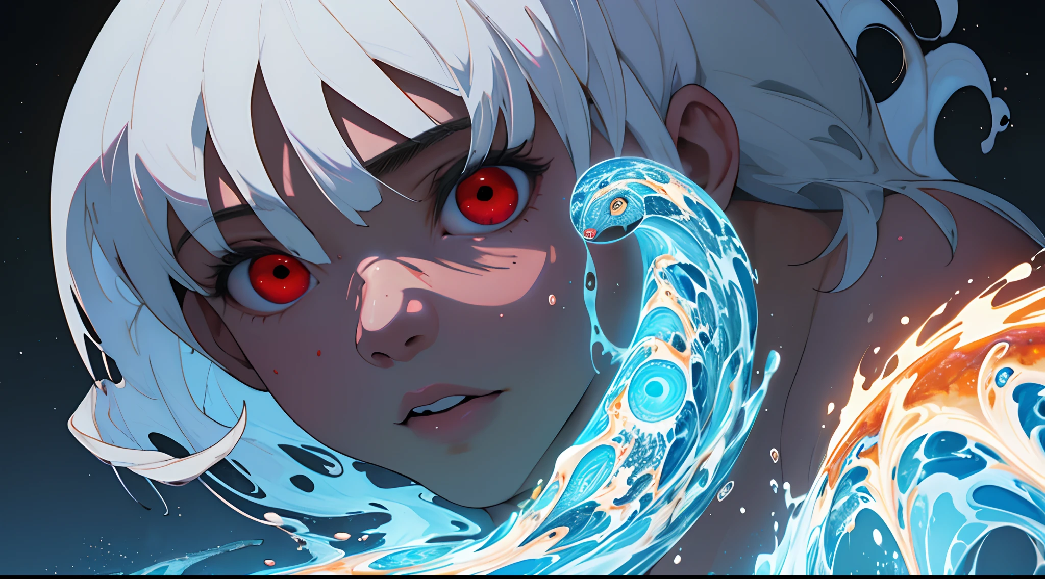 NSFW,obra maestra, mejor calidad, ultra detallado, absurdos, colorido, 1girl, solo, (solid red eyes: 1.0), (cabello blanco, cabello largo, cabello liso, cabello sobre un ojo: 1.0), ojos detallados, ojos muy abiertos, lashes, (parte superior del cuerpo: 0.8), chica monstruo, vista lateral, ojos brillantes, cabeza inclinada, noche, traje negro, orejas puntiagudas, horror, oscuro, fondo negro, mirando al espectador, corona, alto contraste, Contre-Jour, (de pie: 0.8),  aura, fondo fractal, caothic, espiral, cuernos de demonio, energy, mosaico, infierno