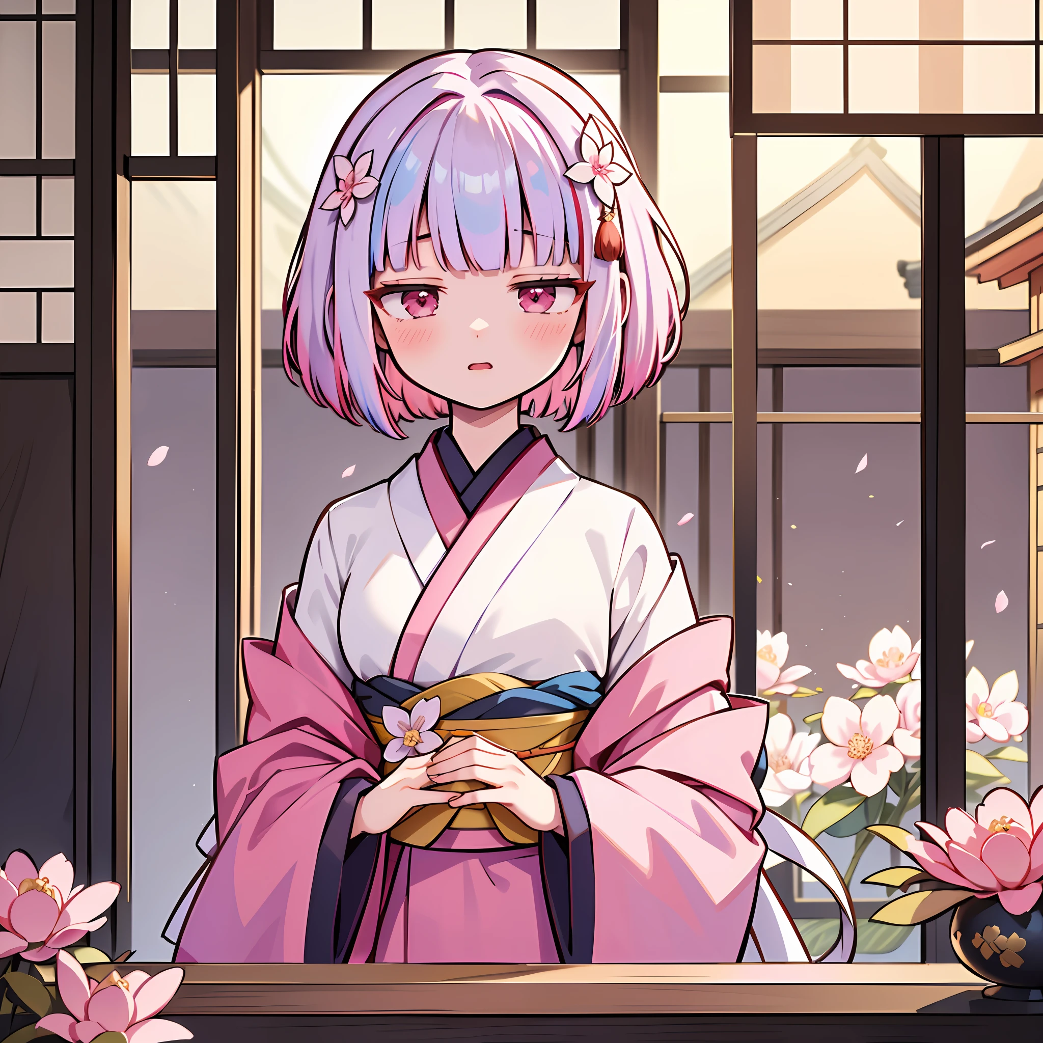 masterpiece, best quality, extremely detailed, absurdres, expressive clothes, fine fabric emphasis, ray tracing, fantasy style,

1girl , upper body , portrait , tilted head , hanfu , obi , kimono , (split-color hair:1.4) , off shoulder, pink eyes , Japanese architecture, indoor , light and shadow, crystal flower, crystal,