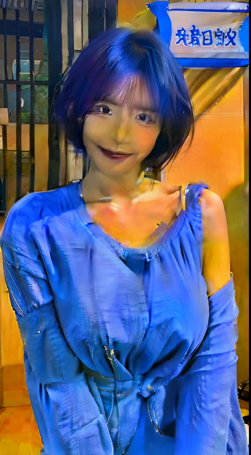 Solid blue clothing，short detailed hair，Yellow skin，huge tit，Raised sexy，big breasts enchanting，ssmile，Blushlush，adolable，full bodyesbian，solo person