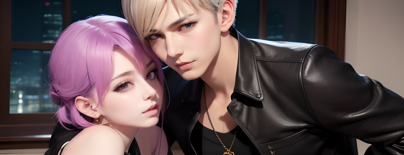 masterpiece, top-quality, 2Others, Male and female couples, 1 man and 1,, Adults, Height difference, different fashion, different color, finely eye and detailed face, intricate detailes, Casual clothing, Oversized shirt, Modern urban streets, Hands on back, A smile, Happiness, tenderness, high-level image quality、 beautiful male、tall、hug from behind、Trying to kiss、window、nightfall、nighttime scene、𝓡𝓸𝓶𝓪𝓷𝓽𝓲𝓬、Korean Male, Idol Photos, k pop, Professional Photos, Vampires, Korean fashion in black and white, Fedoman with necklace, inspired by Sim Sa-jeong, androgynous vampire, :9 detailed face: 8, extra detailed face, detailed punk hair, ((asa)) baggy eyes, Seductive. Highly detailed, semi realistic anime, Vampires, hyperrealistic , delicate androgynous prince, imvu, short hair above the ears, Man with short hair, Woman with long hair, A man with a glaring expression and a woman with a gentle expression, With a short-haired man with bright purple hair, Woman with pretty long pink hair