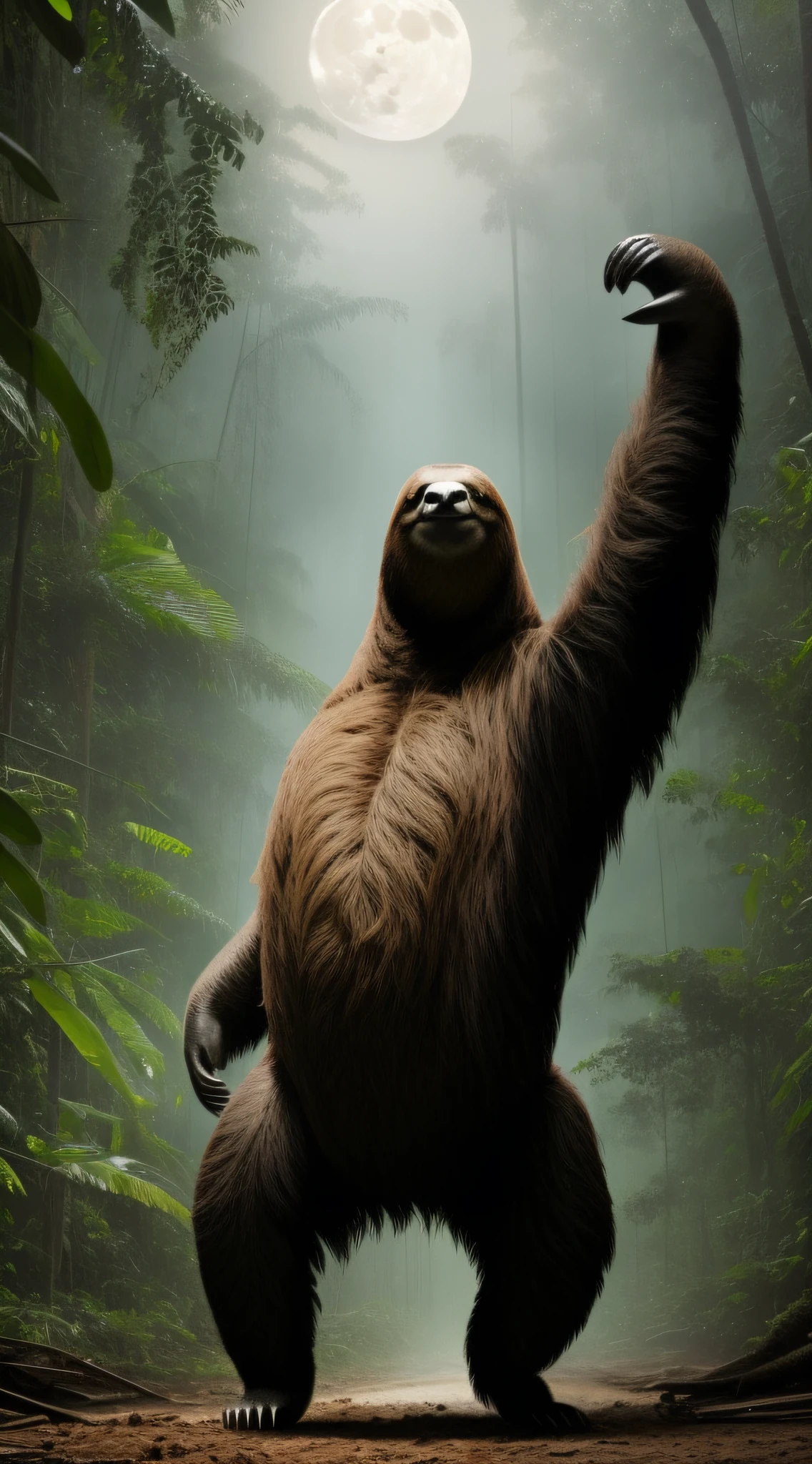 giant sloth standing on the dirt floor and leaves, in the middle of the amazon rainforest at night. Full moon night. Claws with strong, massive nails. Darkness through the trees. Horror lighting. Realistic image. full body image