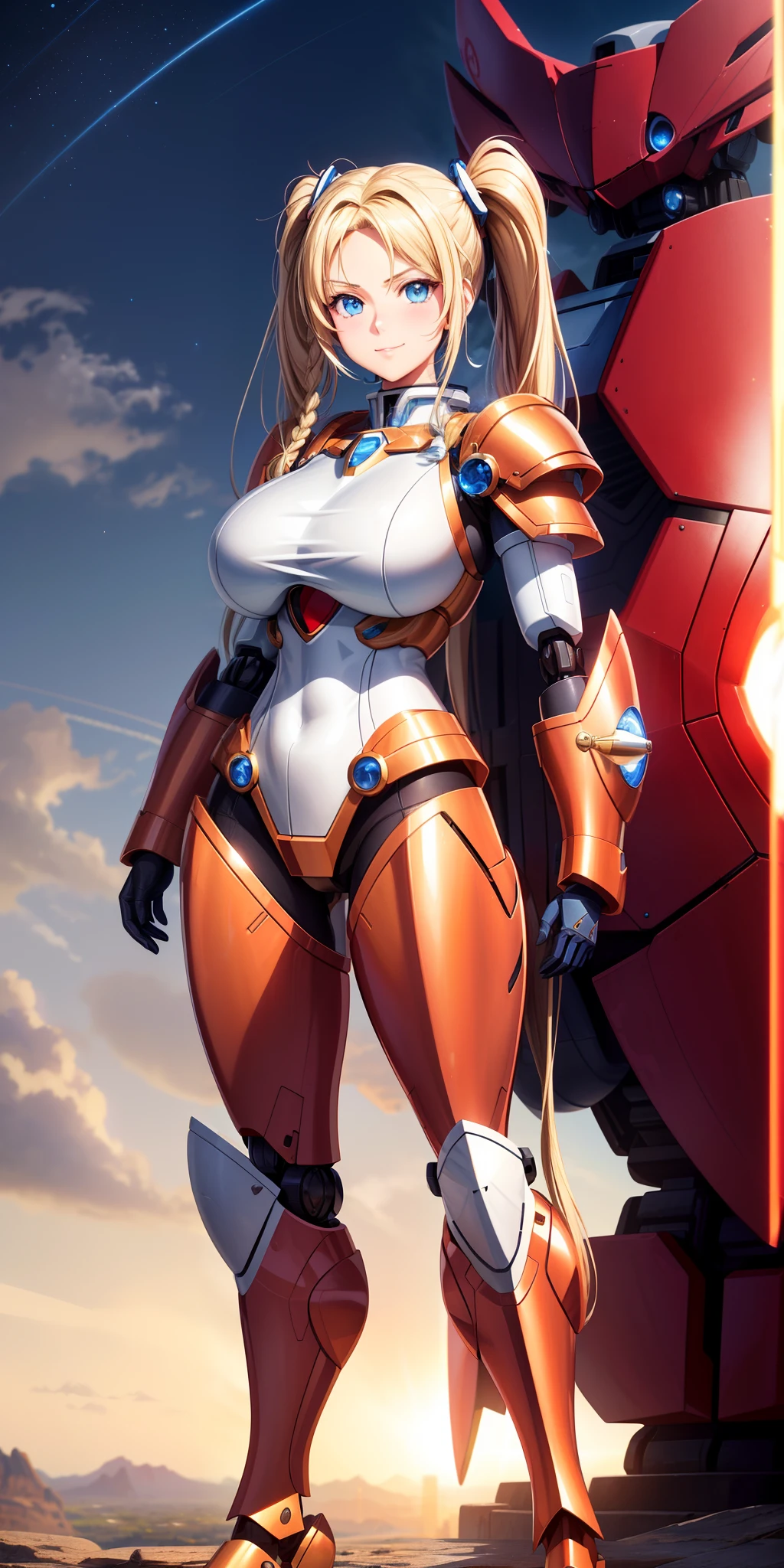 Big breasts, 1girl, ((blonde hair)) ((maria pigtails)) blue eyes, has an extremely sexy body, with full breasts, red armor ((mecha anime)) style of modern gods, sparkling mecha style boots ((shield) heart shape)). has a youthful appearance. young, quality, realistic, best quality, cute expression, shy smile, futuristic arena 2000 years in the future