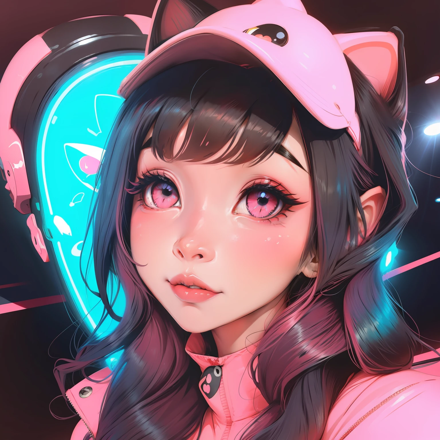 ****** bonito estilo anime, Olhos cor-de-rosa brilhantes, chiclete, rosa neon vibrante, orelhas de gato no cabelo e pontas cor-de-rosa, Hearts in neon detail. Incrivelmente bonito e bonito estilo de desenho animado digital.