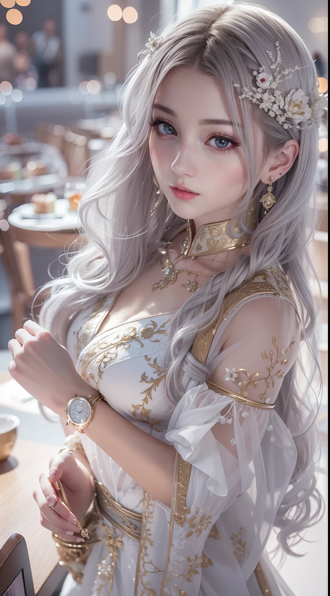 (8k, best quality, masterpiece:1.2), realistic, ultra highres, intricate details,
1girl, jirai fashion, beautiful face, light silver, in a restaurant, standing,