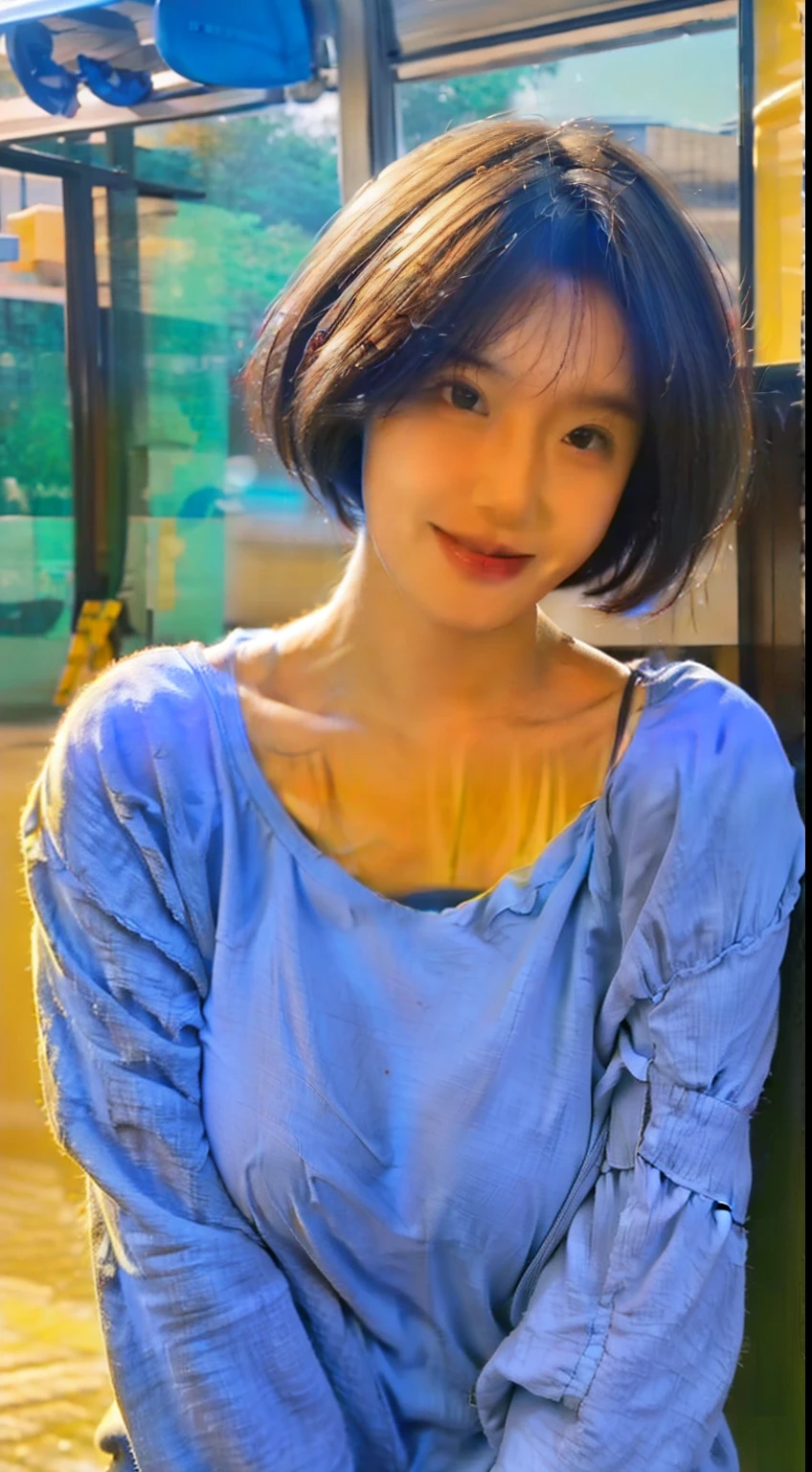Solid blue clothing,short detailed hair,Yellow skin,huge tit,Raised sexy,big breasts enchanting,ssmile,Blushlush,adolable,full bodyesbian,solo person