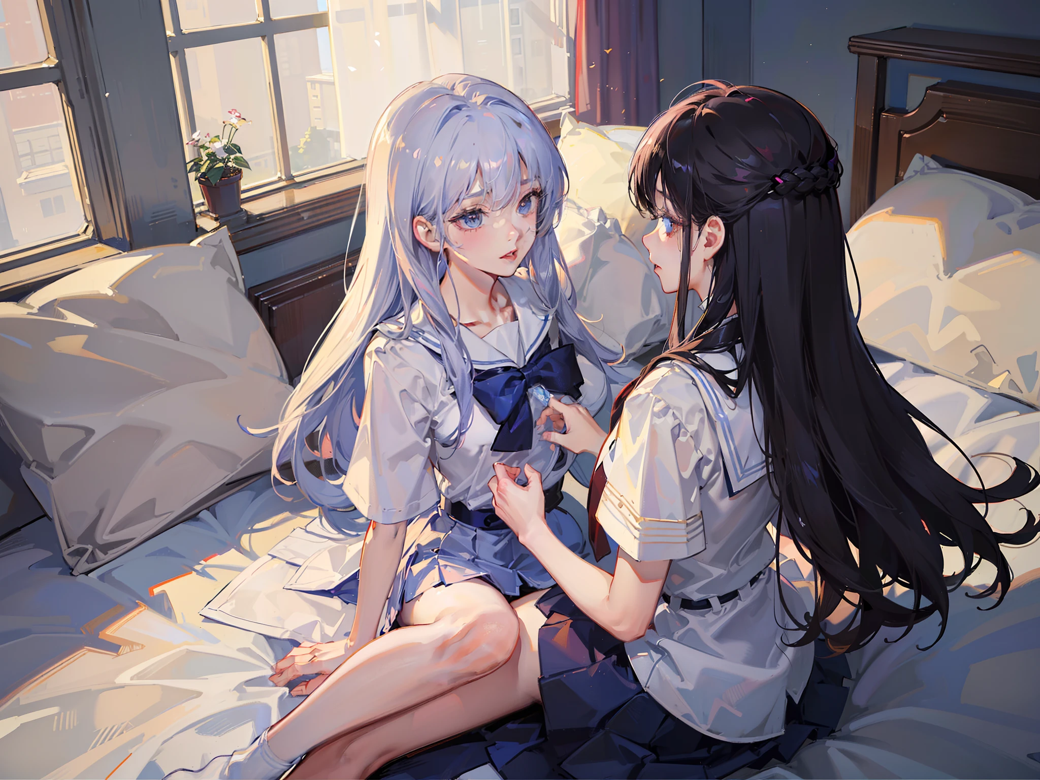 ((top-quality、8K、Manhwa Style:1.4、tmasterpiece,Double,2P,onbed,Pubic hair shows through,full bodyesbian,))、back Lighting、Superskirt、JK school uniform、Beautiful Japanese woman、18yr old、white stockings、with short white hair、Ultra-delicate skin、Beautiful production
