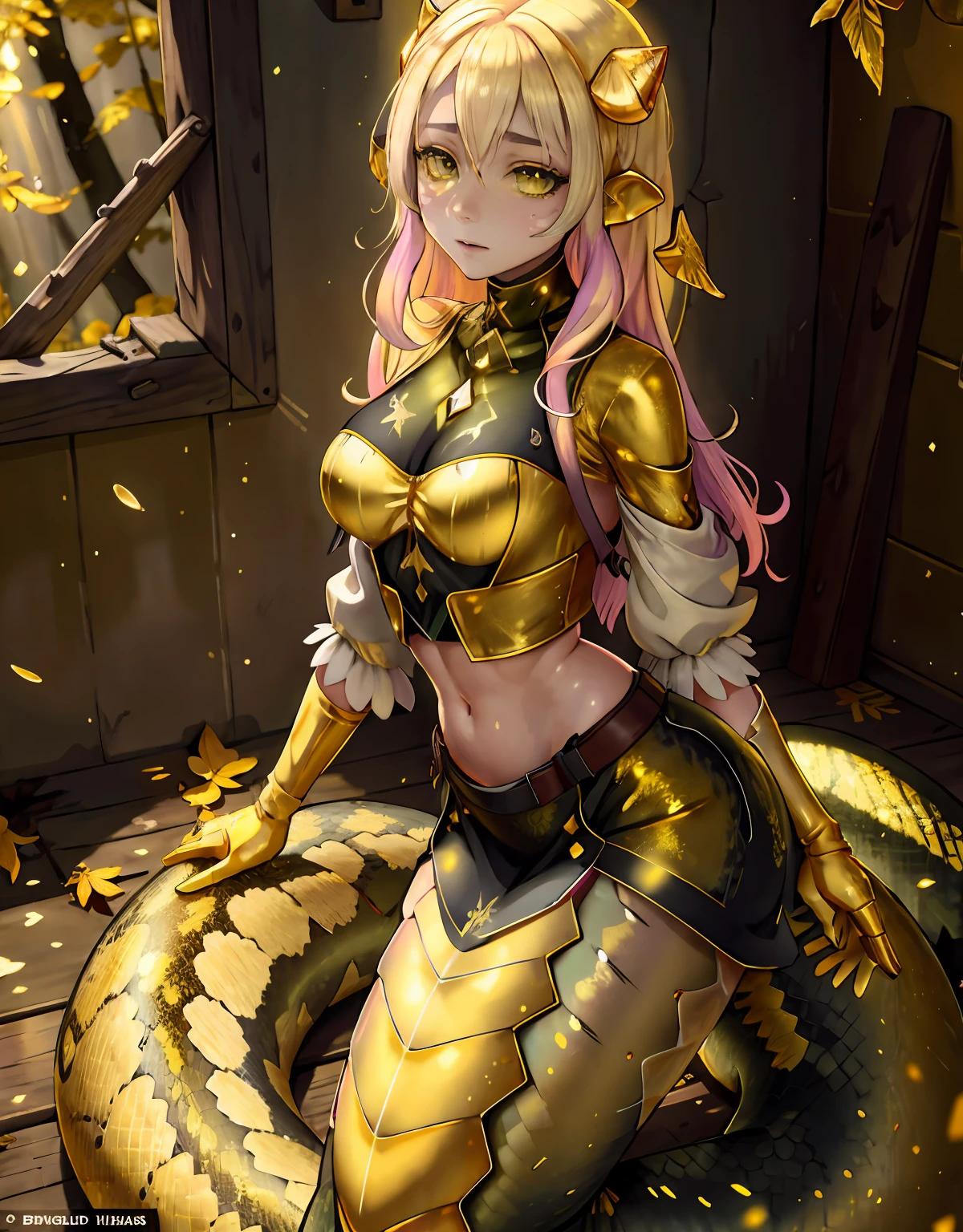 Detailed snake skin, (adulte ), Solo Focus, (Lamia), stoic, Fille monstre, (cornes courtes), beaux yeux, beau fond, Abandoned cabin, woods, Light particles, rayons du soleil, dramatic lighting, outside, herbe, feuilles, brillant ( jaune, jaune pastel, Gold gradient:1.5), Realstic, Masterpiece, Best quality, Ultra-detailed, Detailed, paysage, beautiful detailed  eyes, rougissant (Vers un homme), Son nu