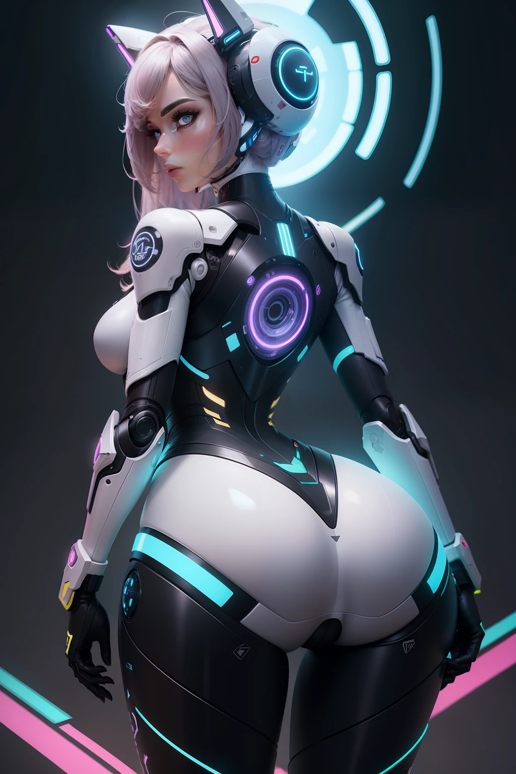 mulher de pernas roboticas com bunda sensual, laminas nas pernas, em uma paisagem futurista ultra realista com neons