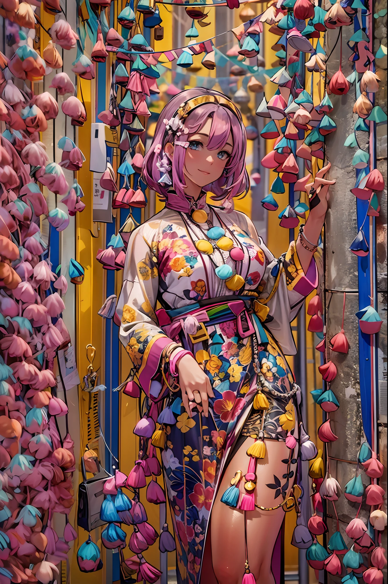 En un mundo virtual, una gran cantidad de datos pasan zumbando en todas direcciones., En el centro de la imagen, una mujer muy hermosa con un peinado colorido y un mono de colores brillantes mira el mundo que la rodea.. (La mejor calidad) obra maestra ((pechos muy grandes)) ((cabello rubio)) (cuerpo delgado)