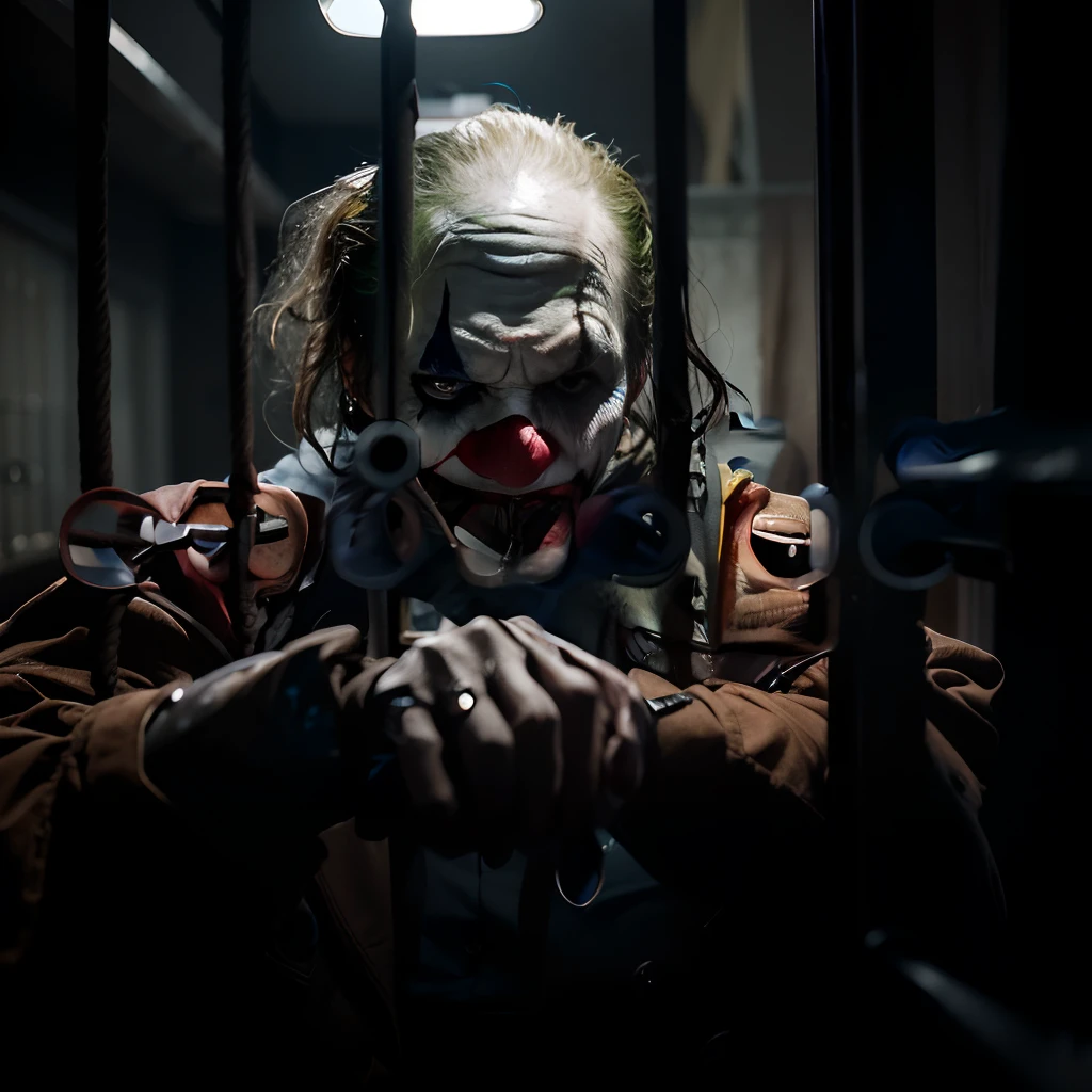 "A close up of a menacing face in a jail cell, reminiscent of the Joker from the film 'Joker' (2019)."