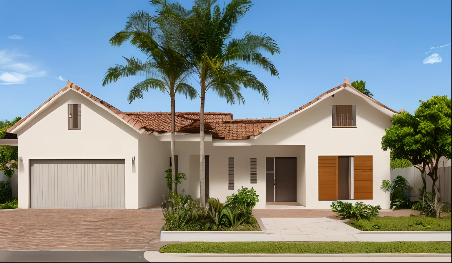 Pintura em aquarela, Contemporary style houses, palmeiras, sol brilhante, nascer do sol