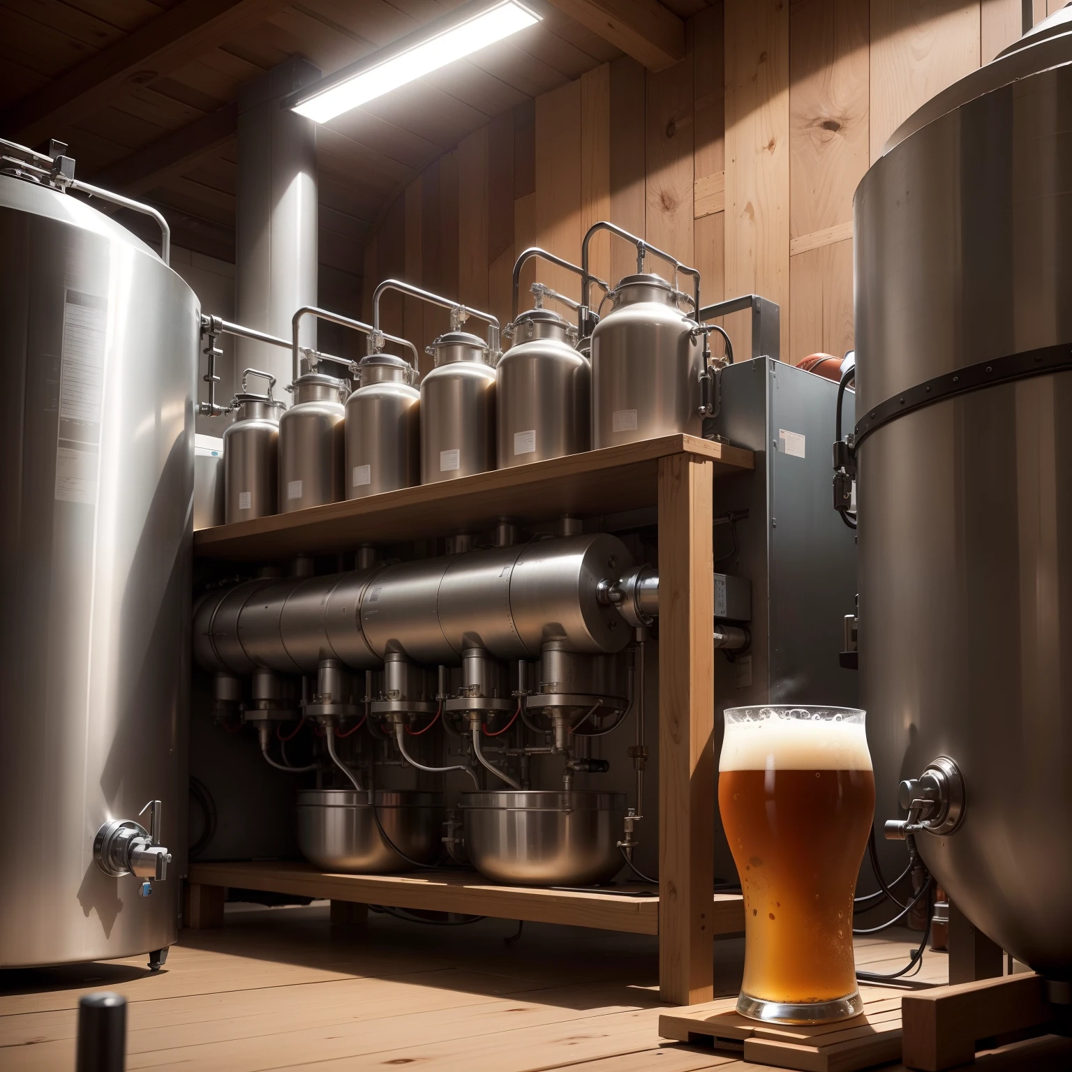 The image depicts the modernization of the craft brewing process at HLDL - Beverages, maintaining a more traditional and accessible look.
No centro da imagem, stainless steel containers are arranged in a familiar way, remnants of the craft brewing tradition. An automated peristaltic pump is delicately connected to the containers, demonstrating the subtle integration of technology into the process.
Colocados de forma discreta e funcional nos recipientes, Small temperature and level sensors are represented by small boxes with analog meters, conveying the idea of direct connection to the process.
Na parte superior, A simple control frame displays the programmable logic controller (CLP). The PLC is connected by discrete wires to the sensors and pump, indicating its vital role in automation.
The main focus of the image is given to the team of operators. Two craft brewers are keeping an eye on the process. Um deles, with a tablet in hand, interacts with a simple and user-friendly interface. Ao seu lado, another operator watches the containers intently, ressaltando a harmonia entre a tecnologia e a expertise manual.
Cores naturais e aconchegantes como tons de marrom, Amber and green refer to tradition and the brewing universe. Wood and metal details accentuate the handmade and rustic feel.
This image emphasizes the careful integration of automation into the craft brewing process, maintaining an approachable approach and respecting the traditional essence of the craft