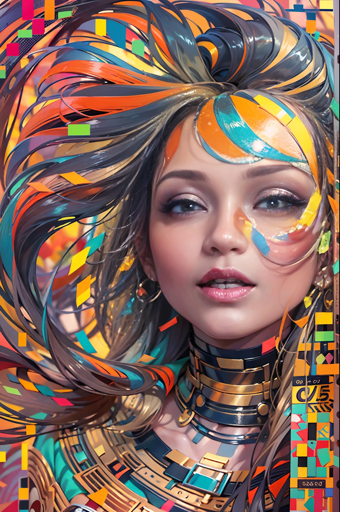 En un mundo virtual, una gran cantidad de datos pasan zumbando en todas direcciones., En el centro de la imagen, una mujer muy hermosa con un peinado colorido y un mono de colores brillantes mira el mundo que la rodea.. (La mejor calidad) obra maestra ((pechos muy grandes)) ((cabello rubio)) (cuerpo delgado)