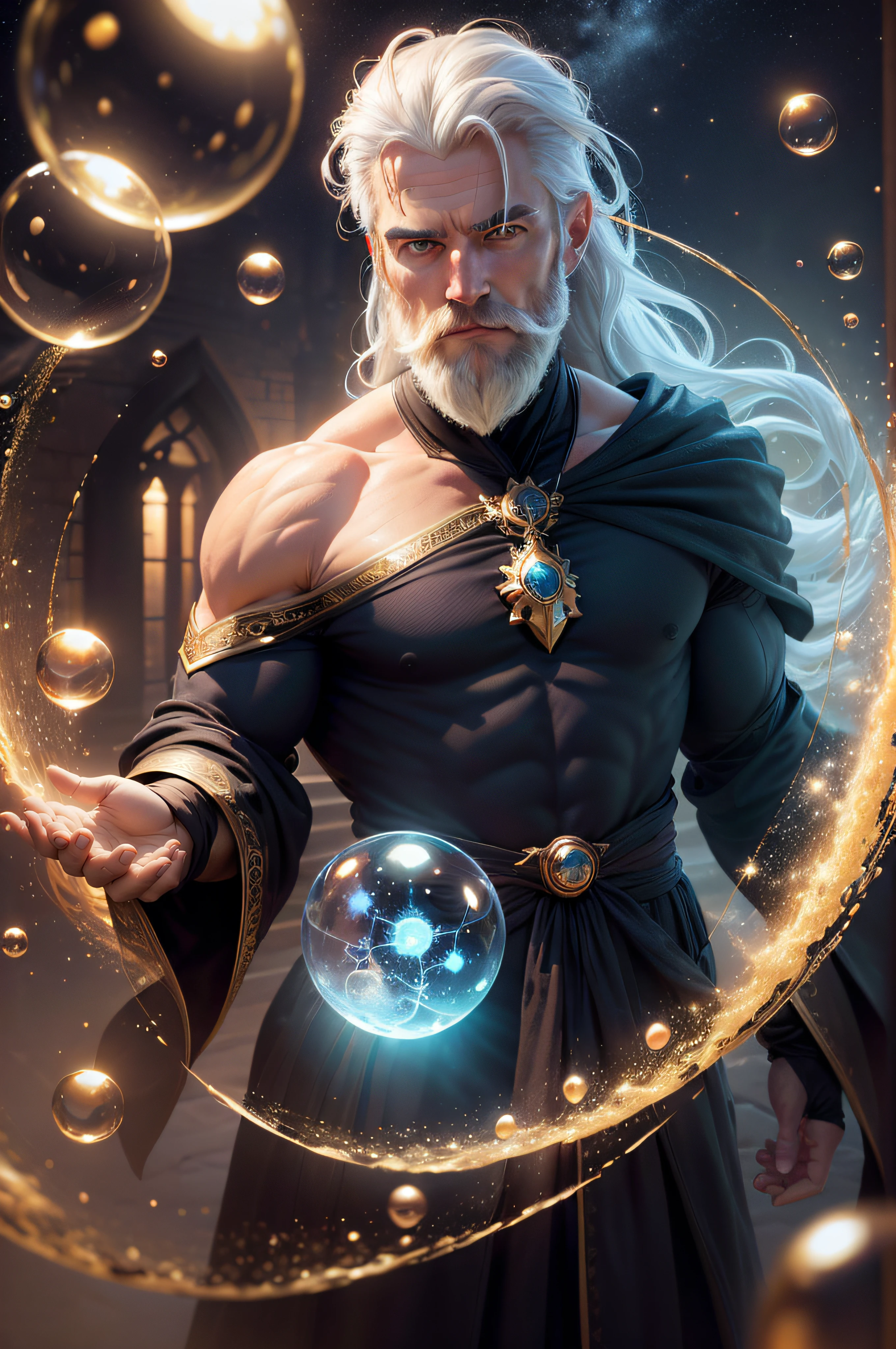 (best quality, masterpiece:1.2), 120k detailed cgi render,BEST HANDS-- thick outlines, strong shadows, (1man, muscular adult  male:1.2),  yellow eyes, white hair, thin beard,
 portrait, solo, upper body, looking up, detailed background, detailed face, (GlowingRunesAI_paleblue, glowing runes theme:1.1), bubble-mage,  levitating, dark red sorcerer robes, surrounded by magical  bubbles,   large bubbles,   vortex, floating sparkling particles, foam, reflections,    ethereal aura, bubbles in background, twinkle, starry sky, mist, jovial magical atmosphere-DPM++ 2M Karras--brickMortar_v20