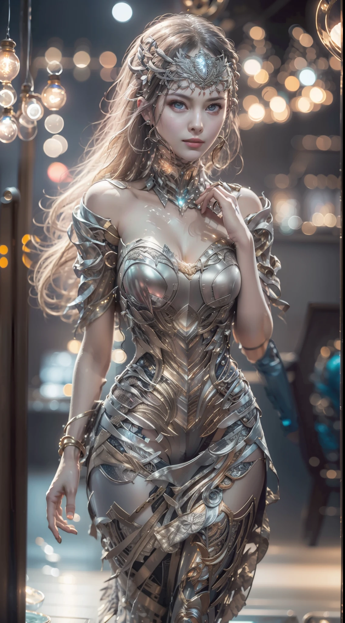 (8k, best quality, masterpiece:1.2), realistic, ultra highres, intricate details,
1girl, jirai fashion, beautiful face, light silver, in a restaurant, standing,